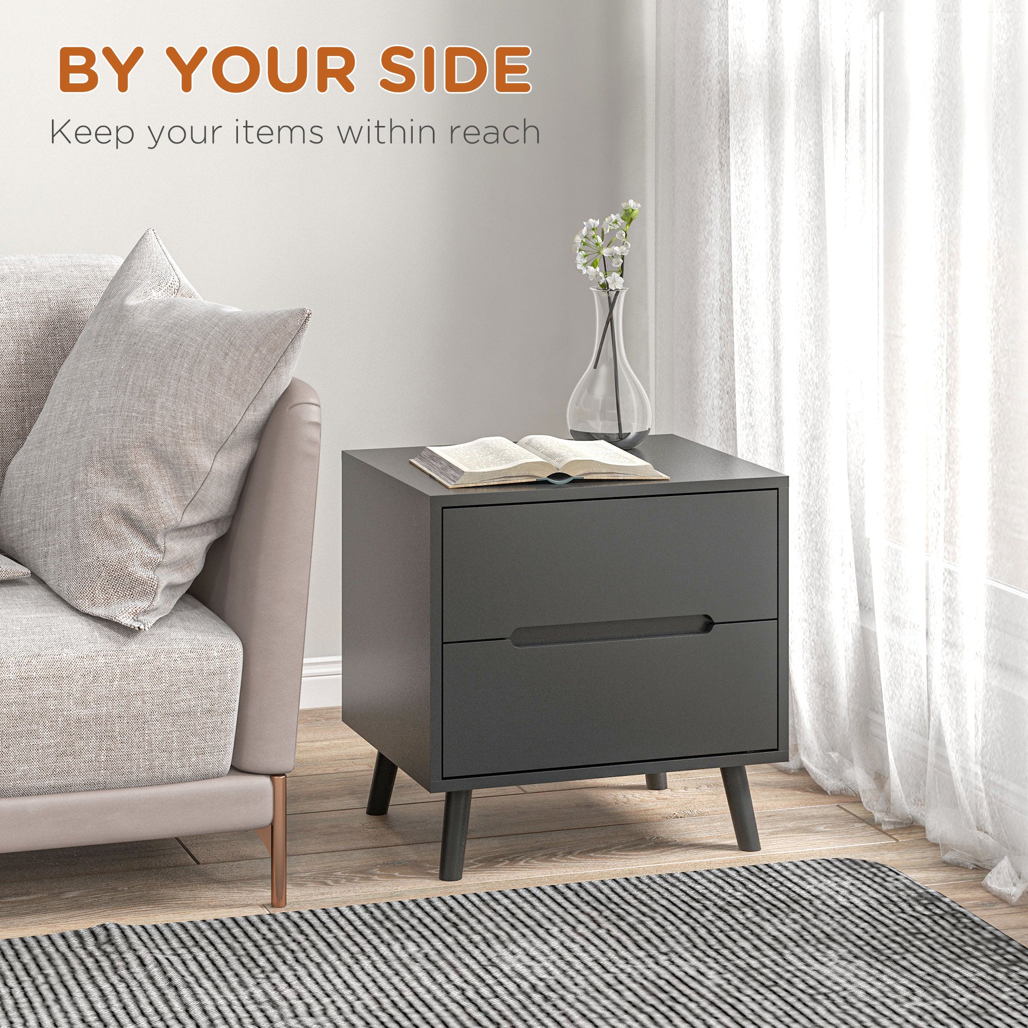 HOMCOM Modern Bedside Table, Nightstand with 2 Drawers, Side End Table with Solid Wood Legs for Bedroom, Black