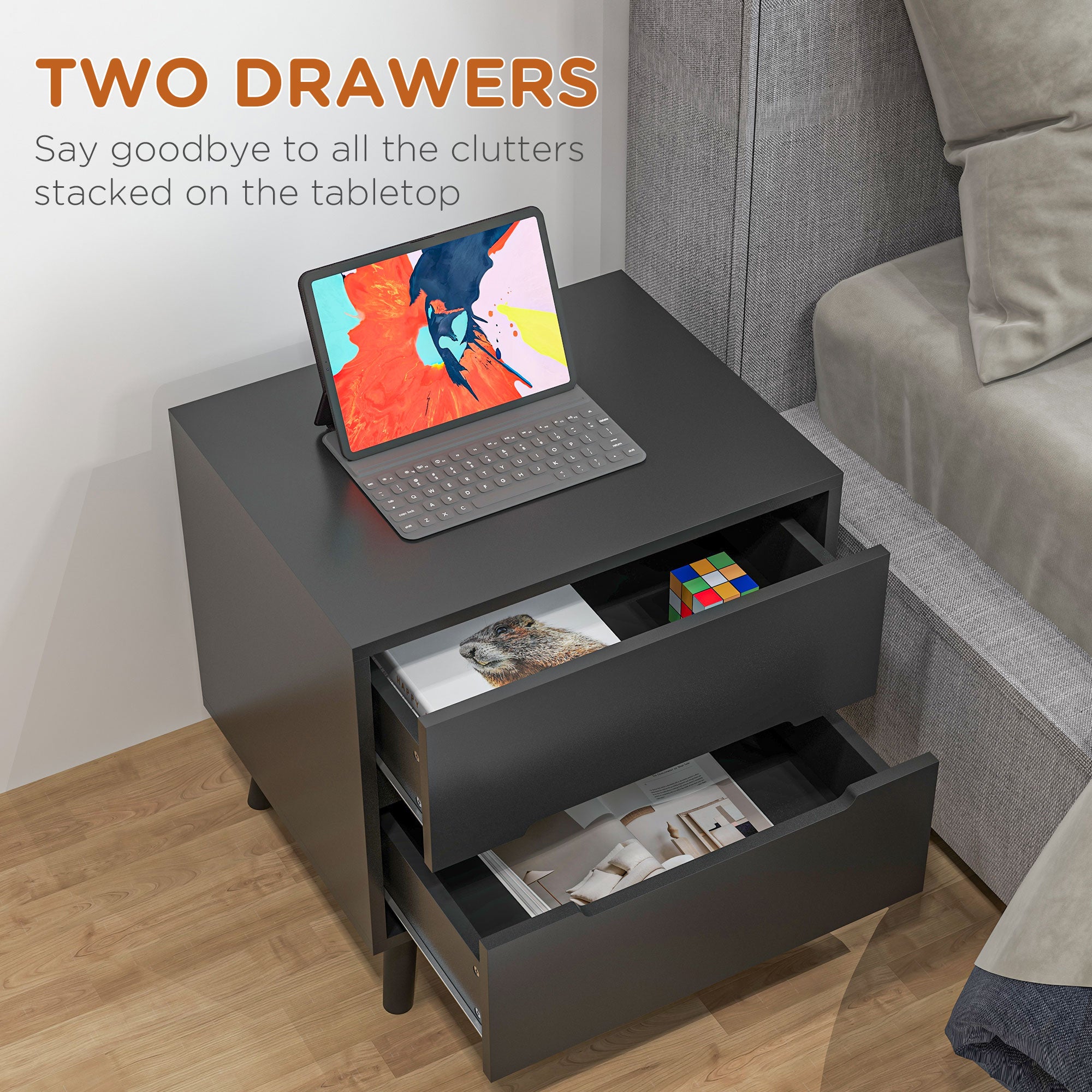 HOMCOM Modern Bedside Table, Nightstand with 2 Drawers, Side End Table with Solid Wood Legs for Bedroom, Black