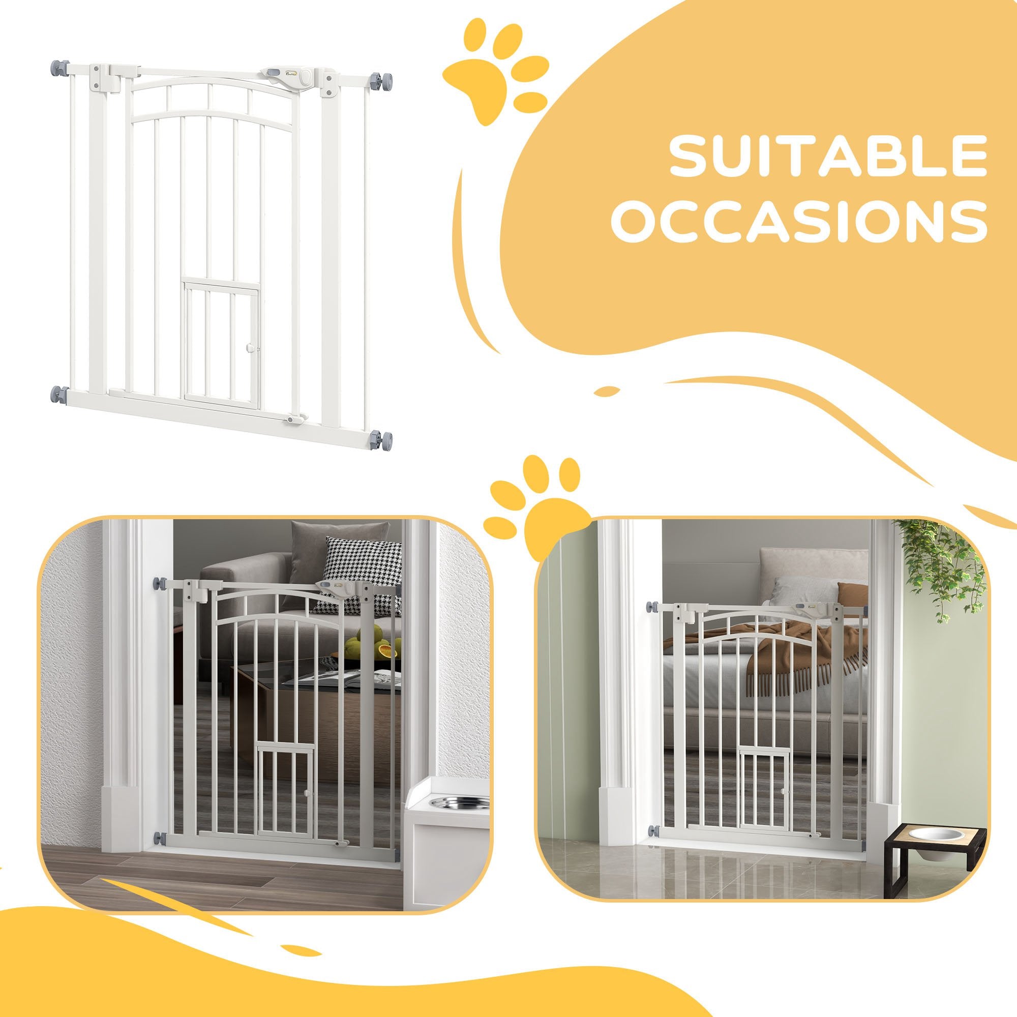 PawHut 30"H Tall Dog Gate, Pet Gate with Cat Door, Auto-Close Pressure-Mounted Steel Safety Gate Barrier, Double Locking for Doorways Hallways Stairs, Fits 29"-31.5"W, White