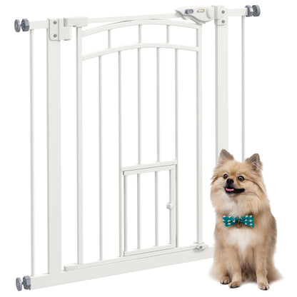 PawHut 30"H Tall Dog Gate, Pet Gate with Cat Door, Auto-Close Pressure-Mounted Steel Safety Gate Barrier, Double Locking for Doorways Hallways Stairs, Fits 29"-31.5"W, White