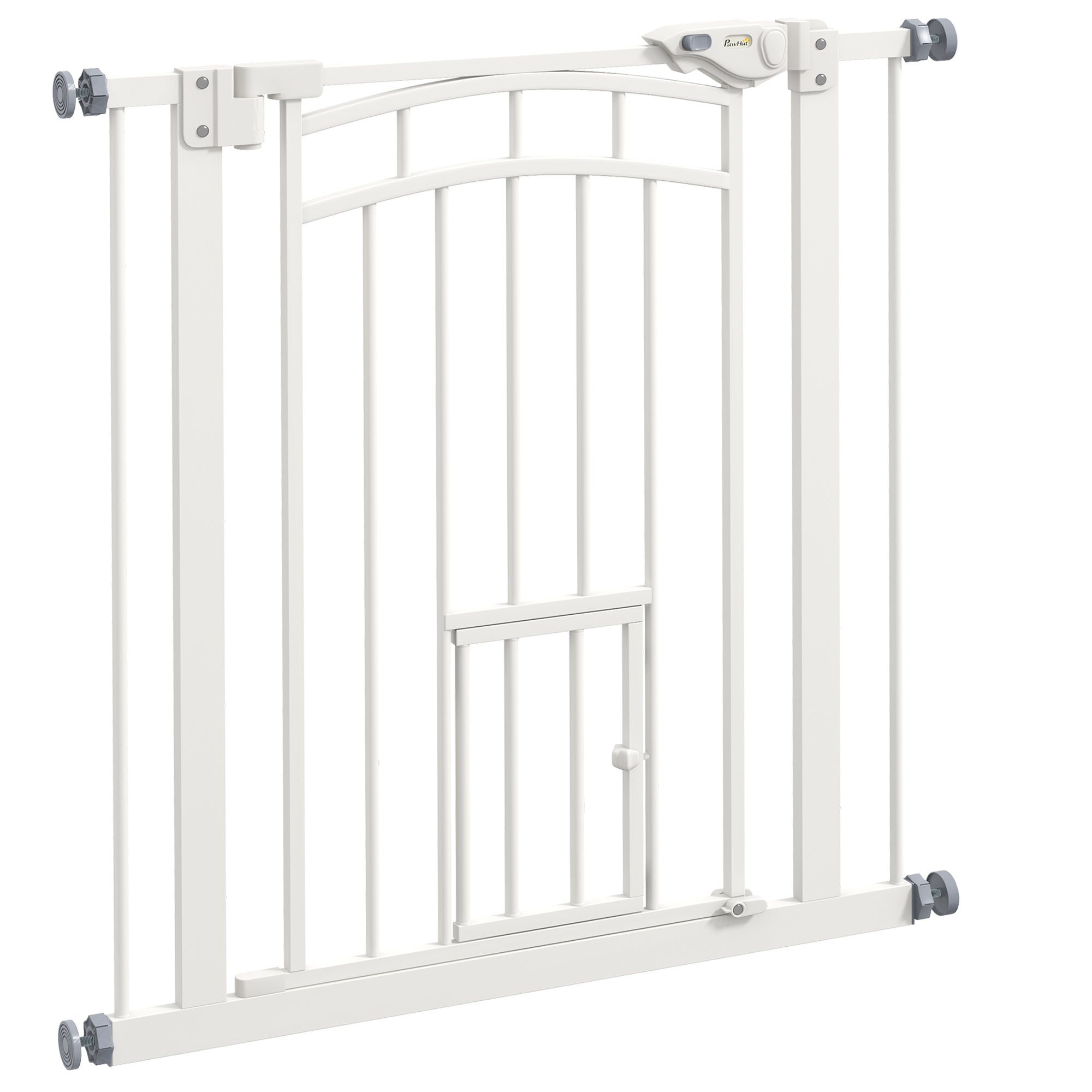 PawHut 30"H Tall Dog Gate, Pet Gate with Cat Door, Auto-Close Pressure-Mounted Steel Safety Gate Barrier, Double Locking for Doorways Hallways Stairs, Fits 29"-31.5"W, White
