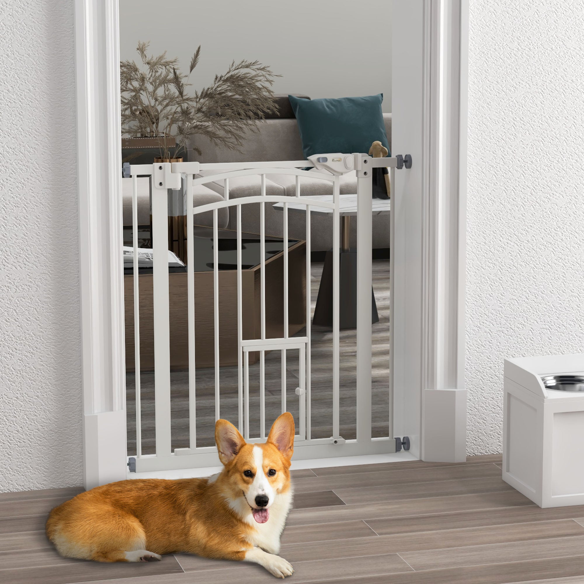 PawHut 30"H Tall Dog Gate, Pet Gate with Cat Door, Auto-Close Pressure-Mounted Steel Safety Gate Barrier, Double Locking for Doorways Hallways Stairs, Fits 29"-31.5"W, White