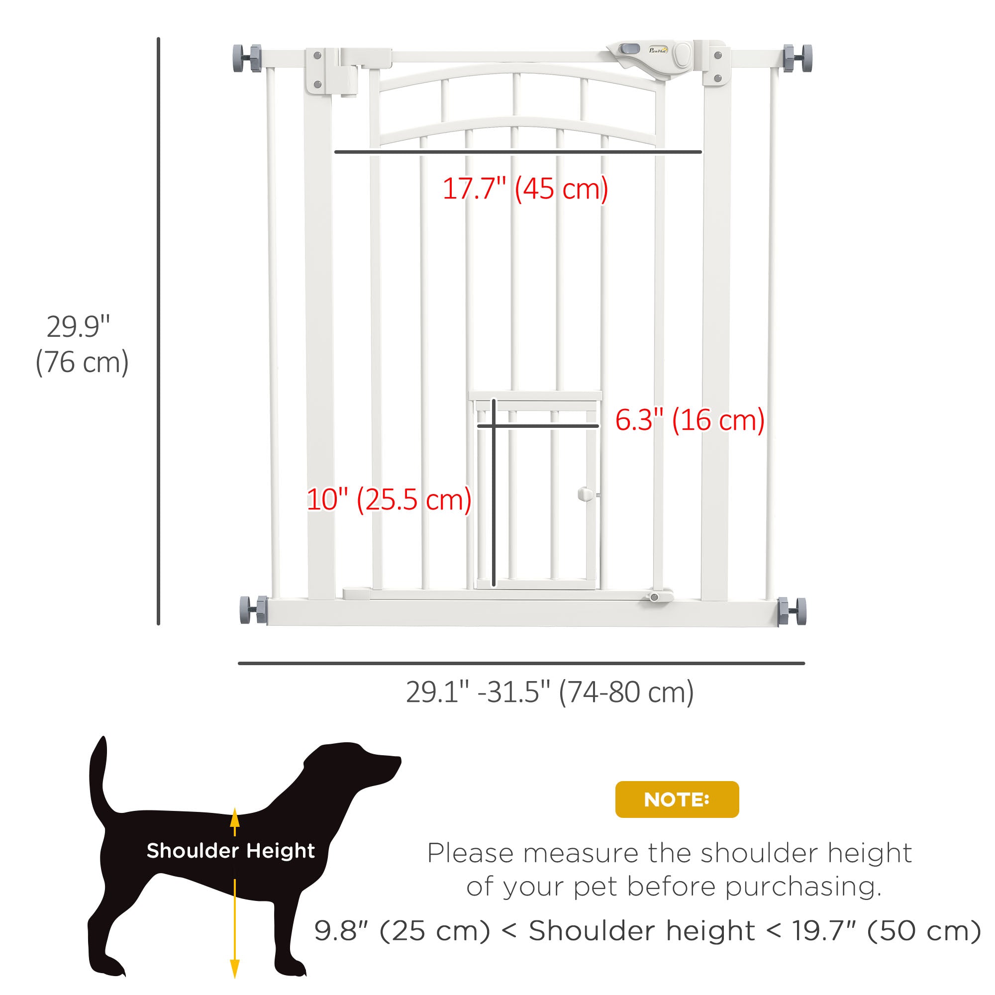 PawHut 30"H Tall Dog Gate, Pet Gate with Cat Door, Auto-Close Pressure-Mounted Steel Safety Gate Barrier, Double Locking for Doorways Hallways Stairs, Fits 29"-31.5"W, White