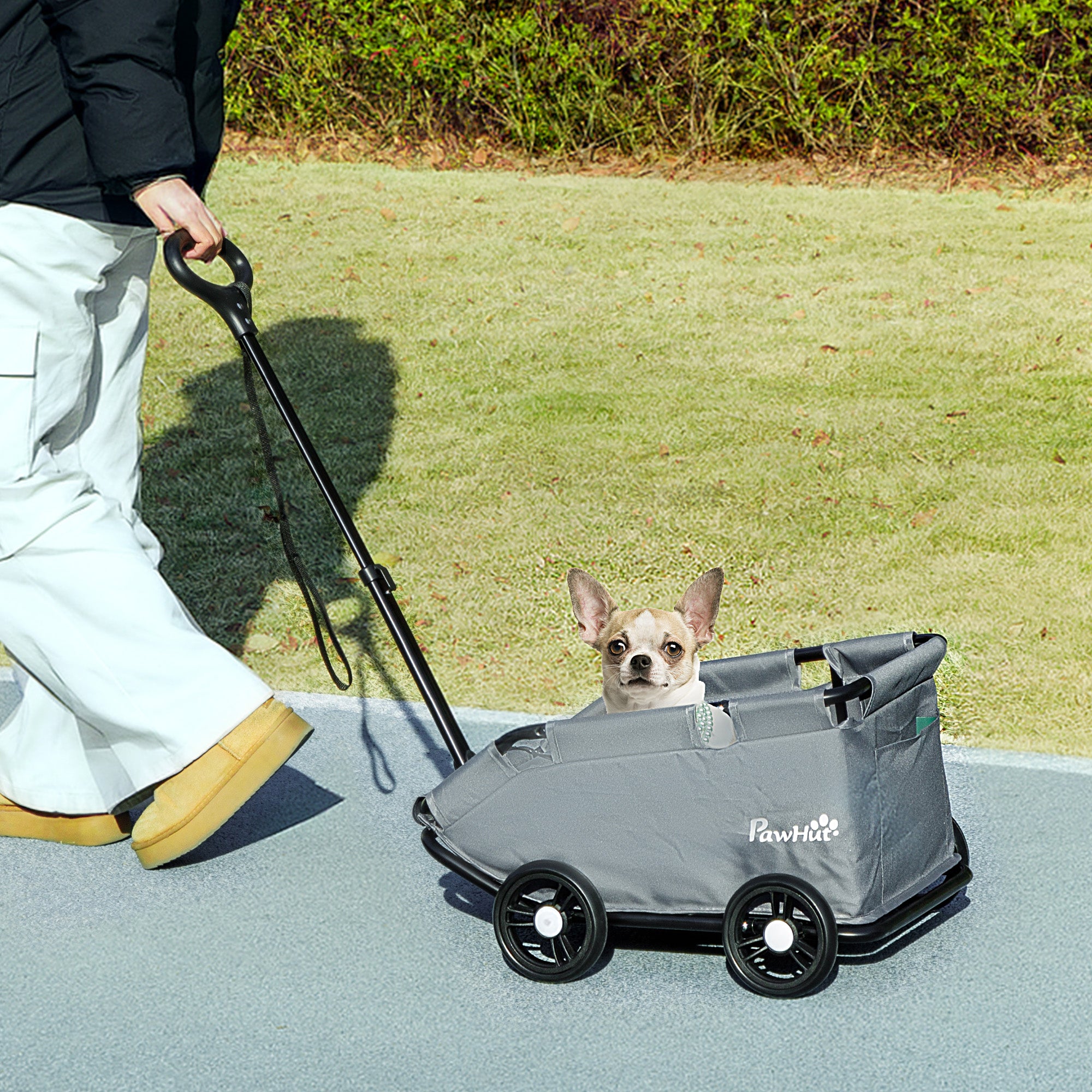 PawHut Dog Stroller, 4 Wheels Folding Lightweight Pet Stroller with Universal Handle Rod, Storage Bag, Washable Cushion, for Miniature Dogs & Cats, Grey