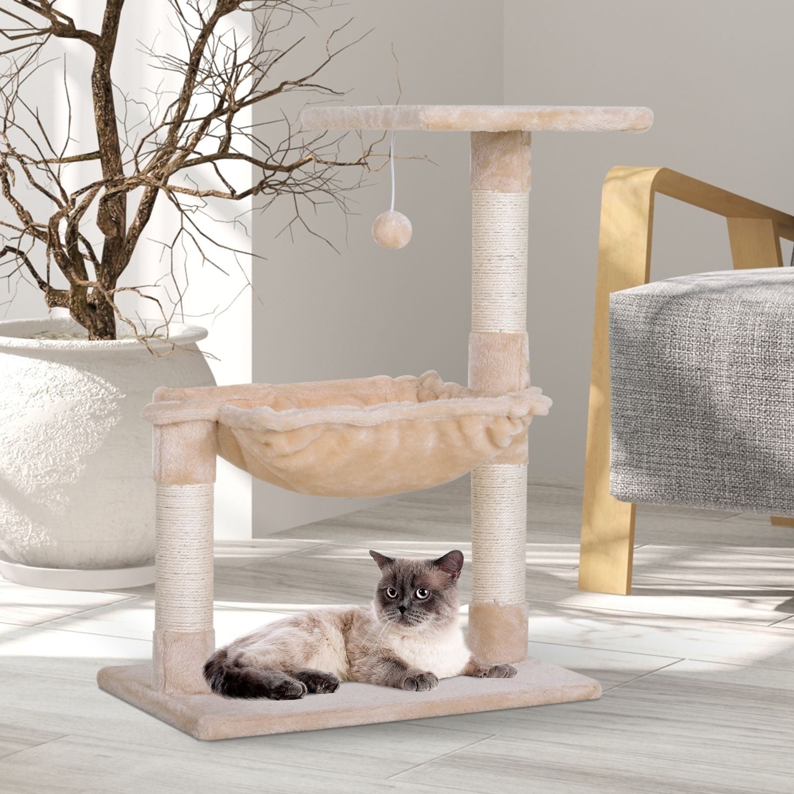 PawHut Cat Scratch Post with Bed Cat Tree for Indoor Cats Sisal Scratching Posts Hammock Kitty Activity Centre Beige
