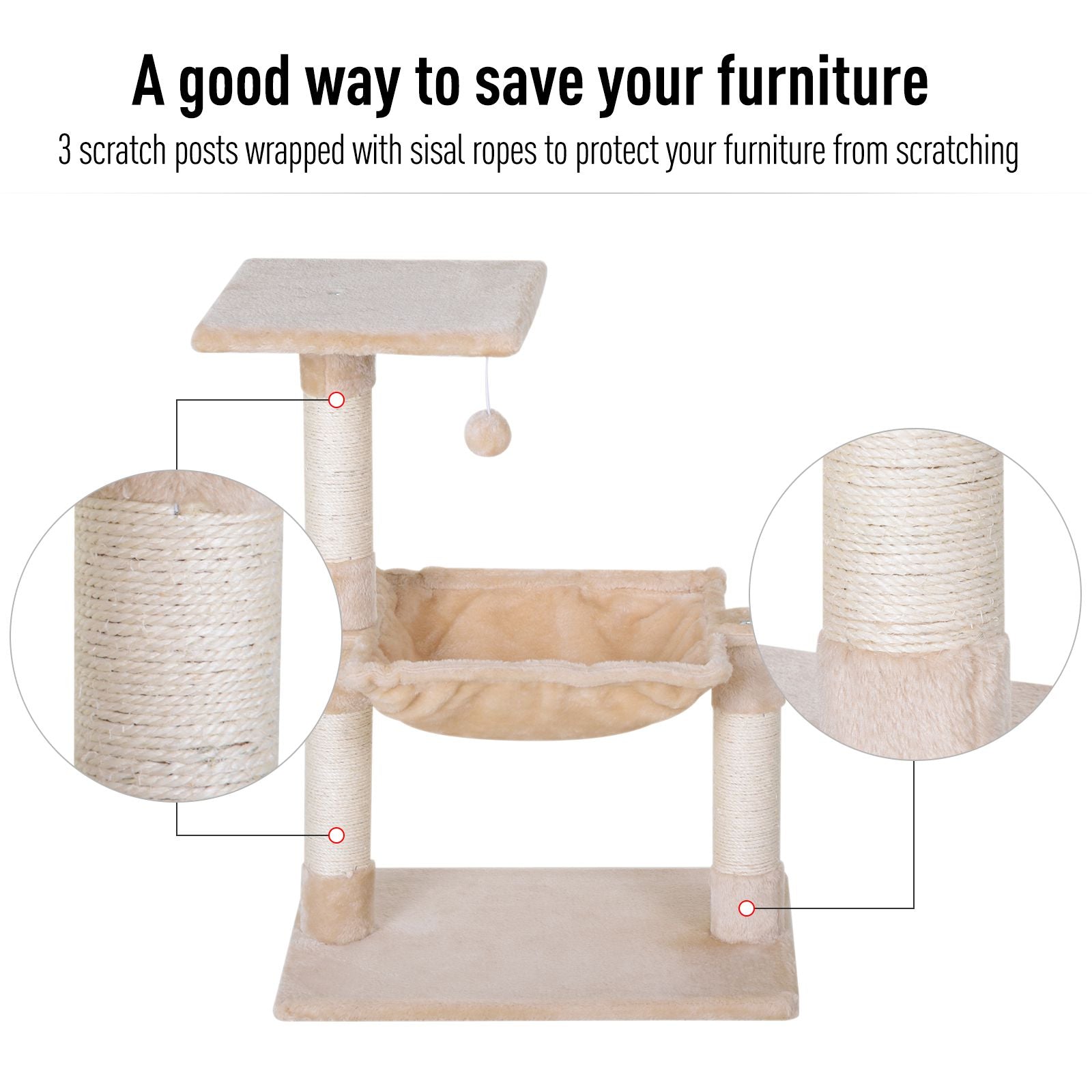 PawHut 27.5" Cat Tree Tower Kitten House Condo Furniture Hammock Bed with Natural Sisal Scratching Post Teasing Toy, Beige