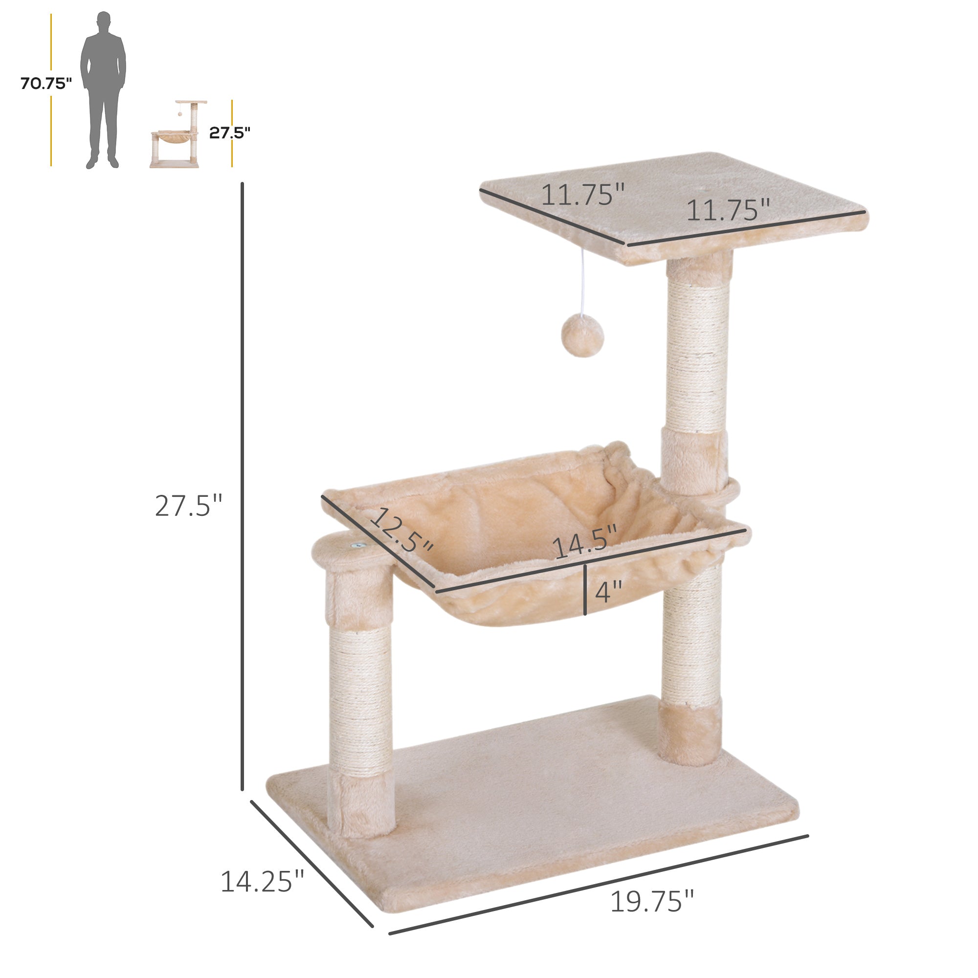 PawHut 27.5" Cat Tree Tower Kitten House Condo Furniture Hammock Bed with Natural Sisal Scratching Post Teasing Toy, Beige