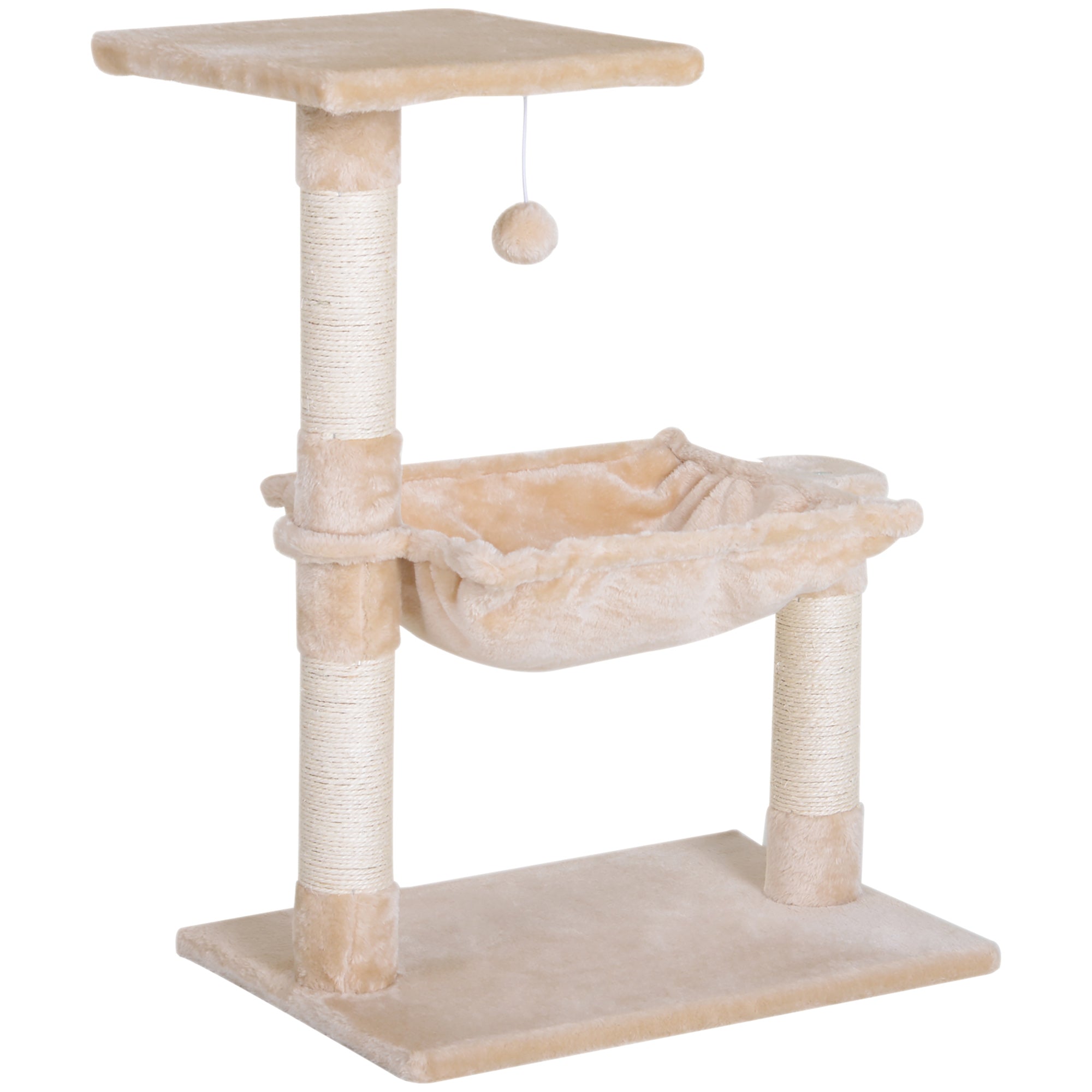 PawHut 27.5" Cat Tree Tower Kitten House Condo Furniture Hammock Bed with Natural Sisal Scratching Post Teasing Toy, Beige