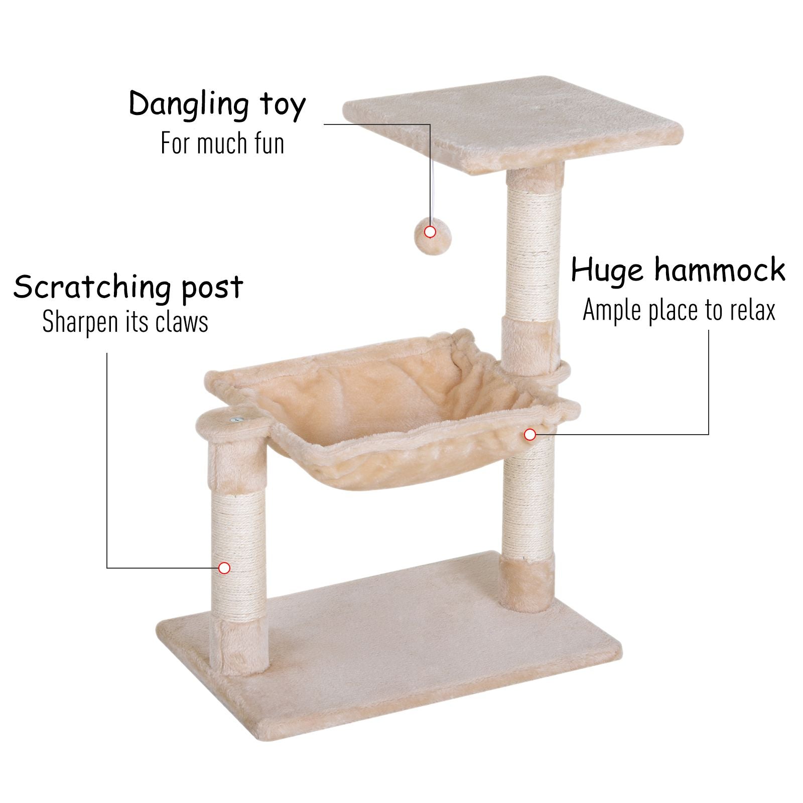 PawHut 27.5" Cat Tree Tower Kitten House Condo Furniture Hammock Bed with Natural Sisal Scratching Post Teasing Toy, Beige