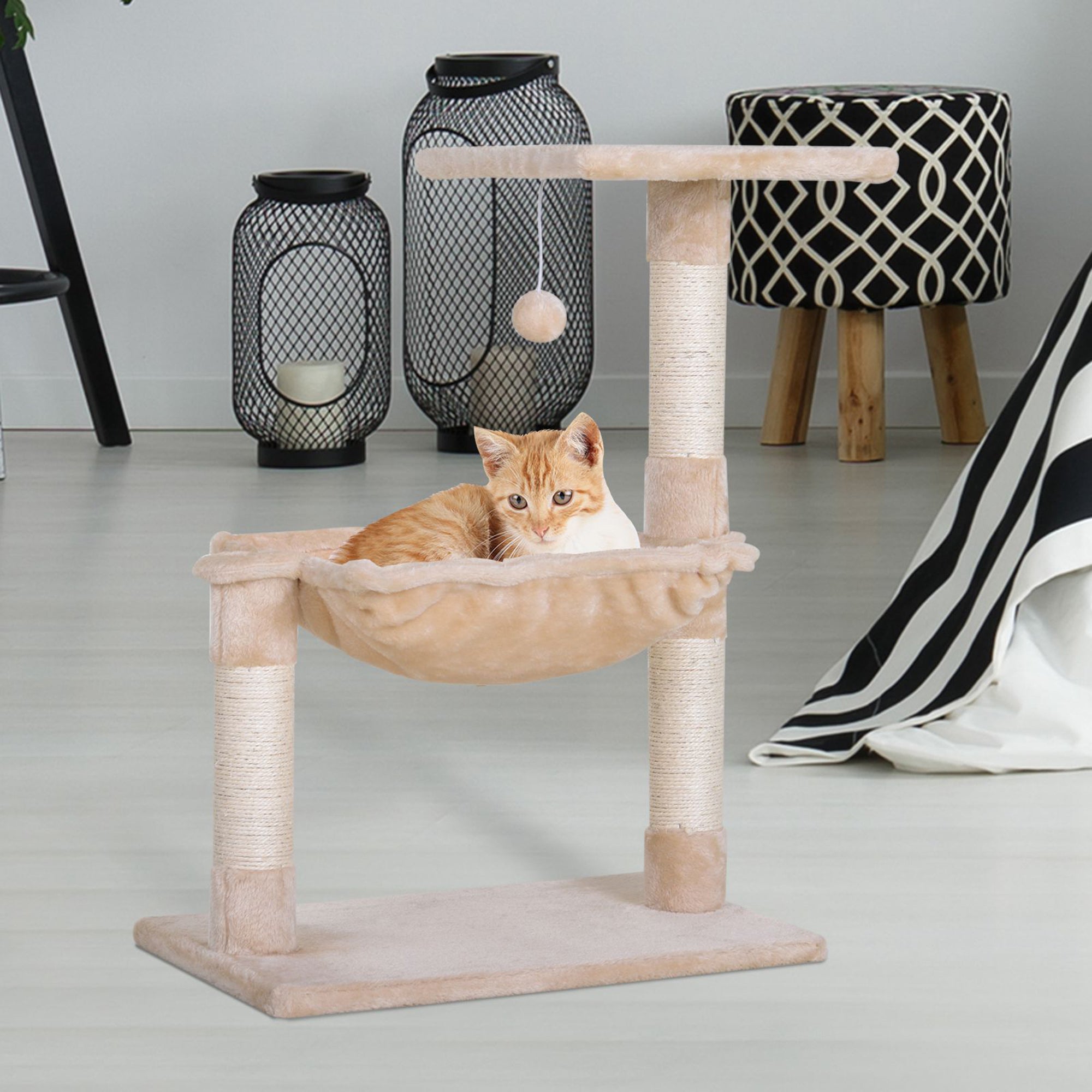 PawHut 27.5" Cat Tree Tower Kitten House Condo Furniture Hammock Bed with Natural Sisal Scratching Post Teasing Toy, Beige