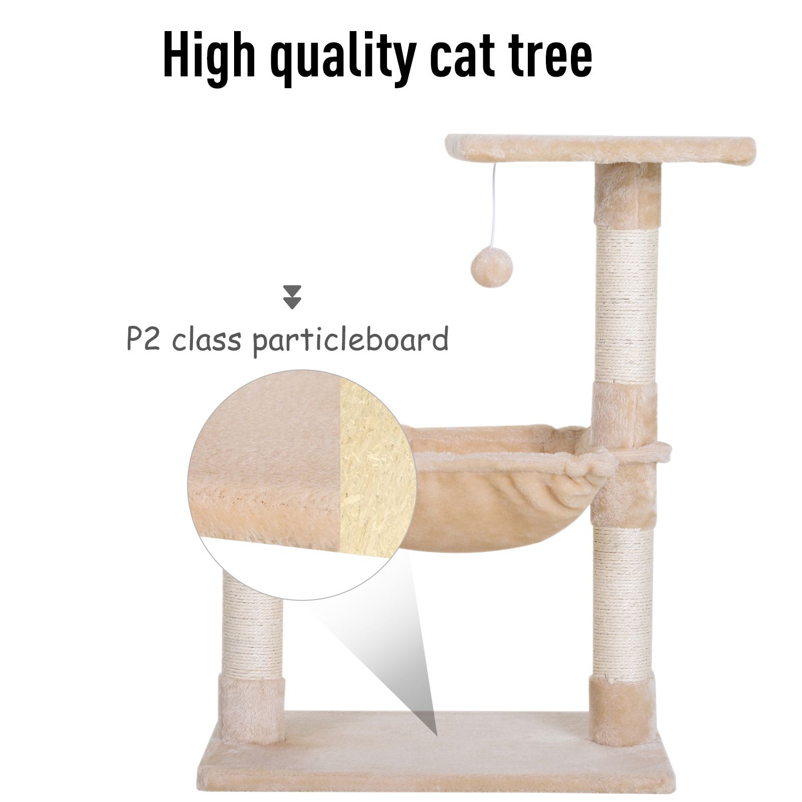PawHut 27.5" Cat Tree Tower Kitten House Condo Furniture Hammock Bed with Natural Sisal Scratching Post Teasing Toy, Beige