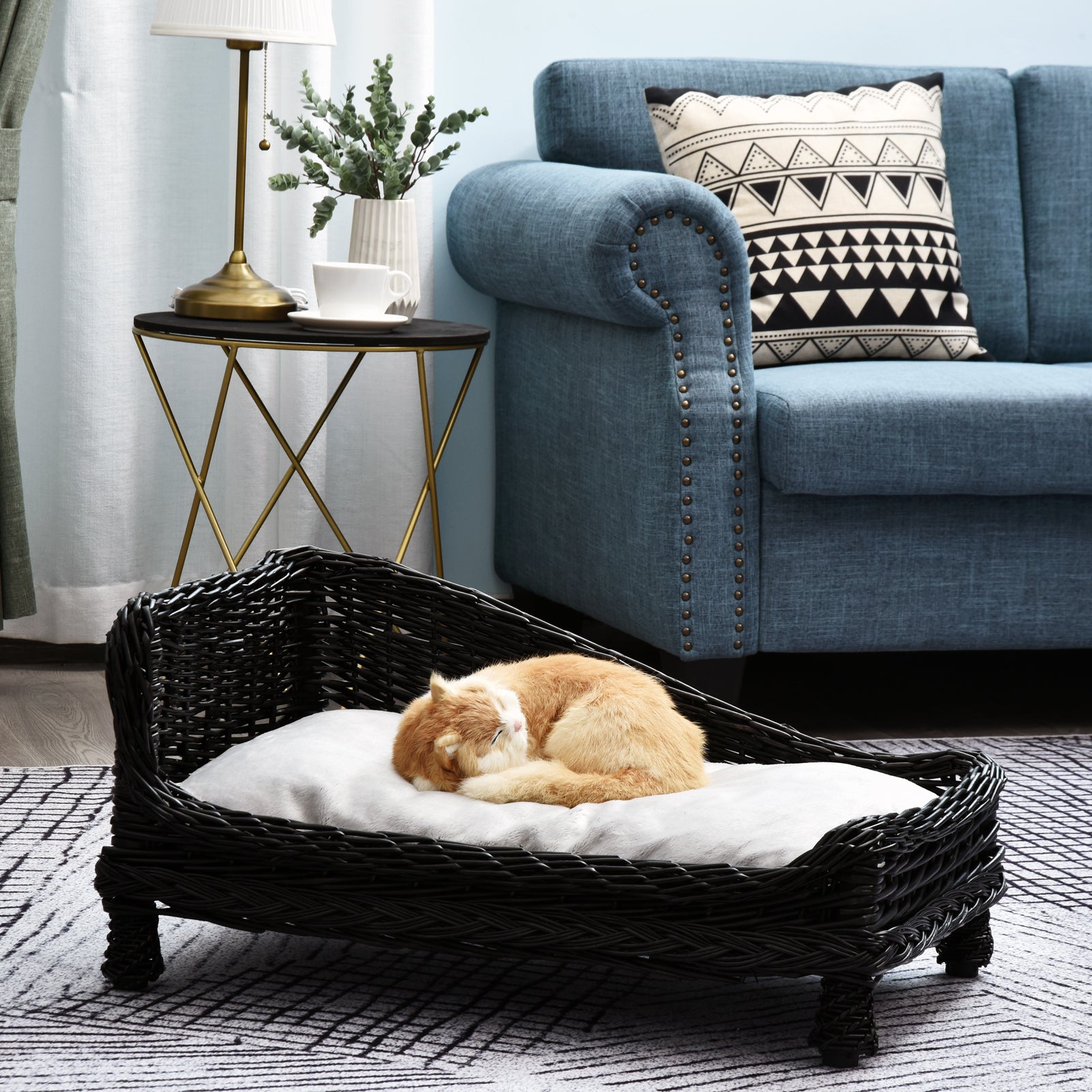 Pawhut Wicker Dog Cat Bed Kitten Lounger  Pet Bed Rattan Willow Basket Soft Cushion Lightweight 69 x 42 x 33 cm Black