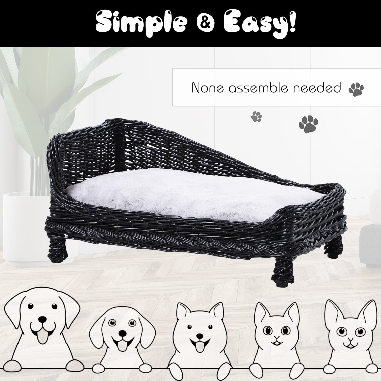 Pawhut Wicker Dog Cat Bed Kitten Lounger  Pet Bed Rattan Willow Basket Soft Cushion Lightweight 69 x 42 x 33 cm Black
