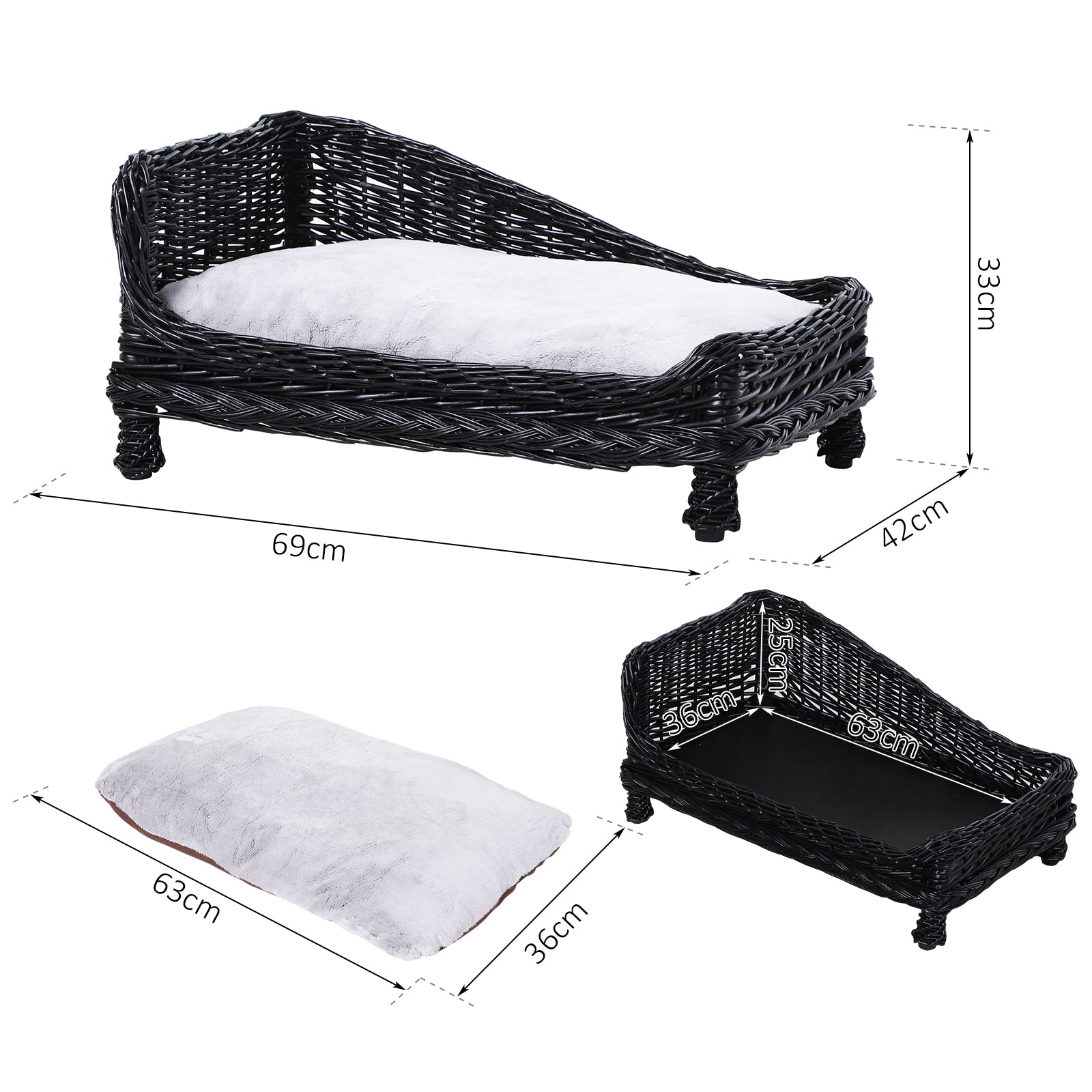 Pawhut Wicker Dog Cat Bed Kitten Lounger  Pet Bed Rattan Willow Basket Soft Cushion Lightweight 69 x 42 x 33 cm Black