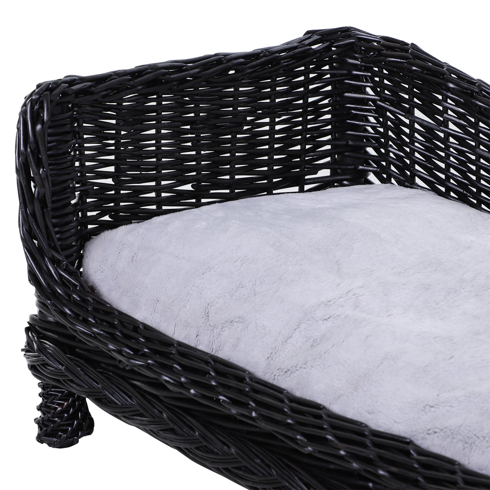 Pawhut Wicker Dog Cat Bed Kitten Lounger  Pet Bed Rattan Willow Basket Soft Cushion Lightweight 69 x 42 x 33 cm Black