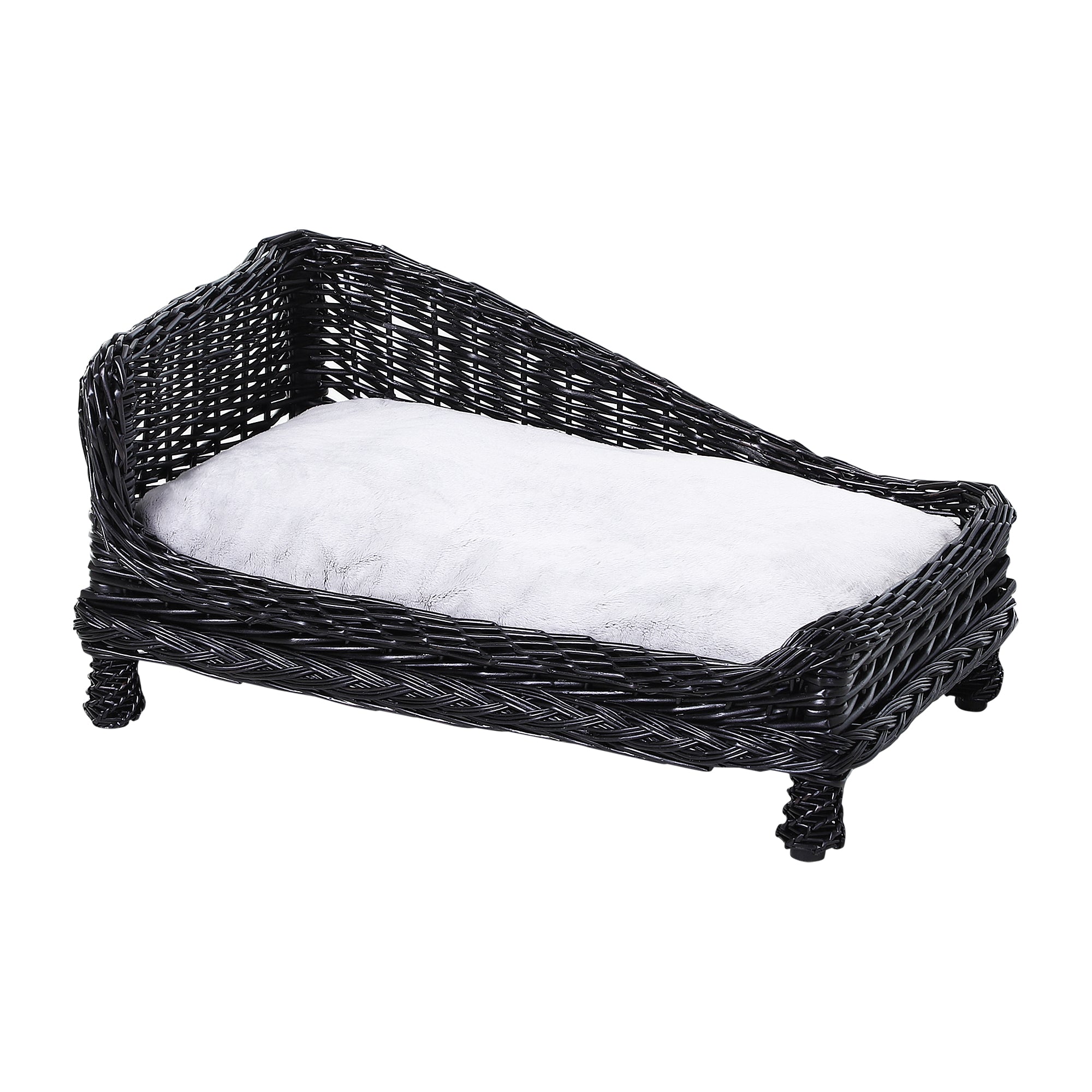 Pawhut Wicker Dog Cat Bed Kitten Lounger  Pet Bed Rattan Willow Basket Soft Cushion Lightweight 69 x 42 x 33 cm Black