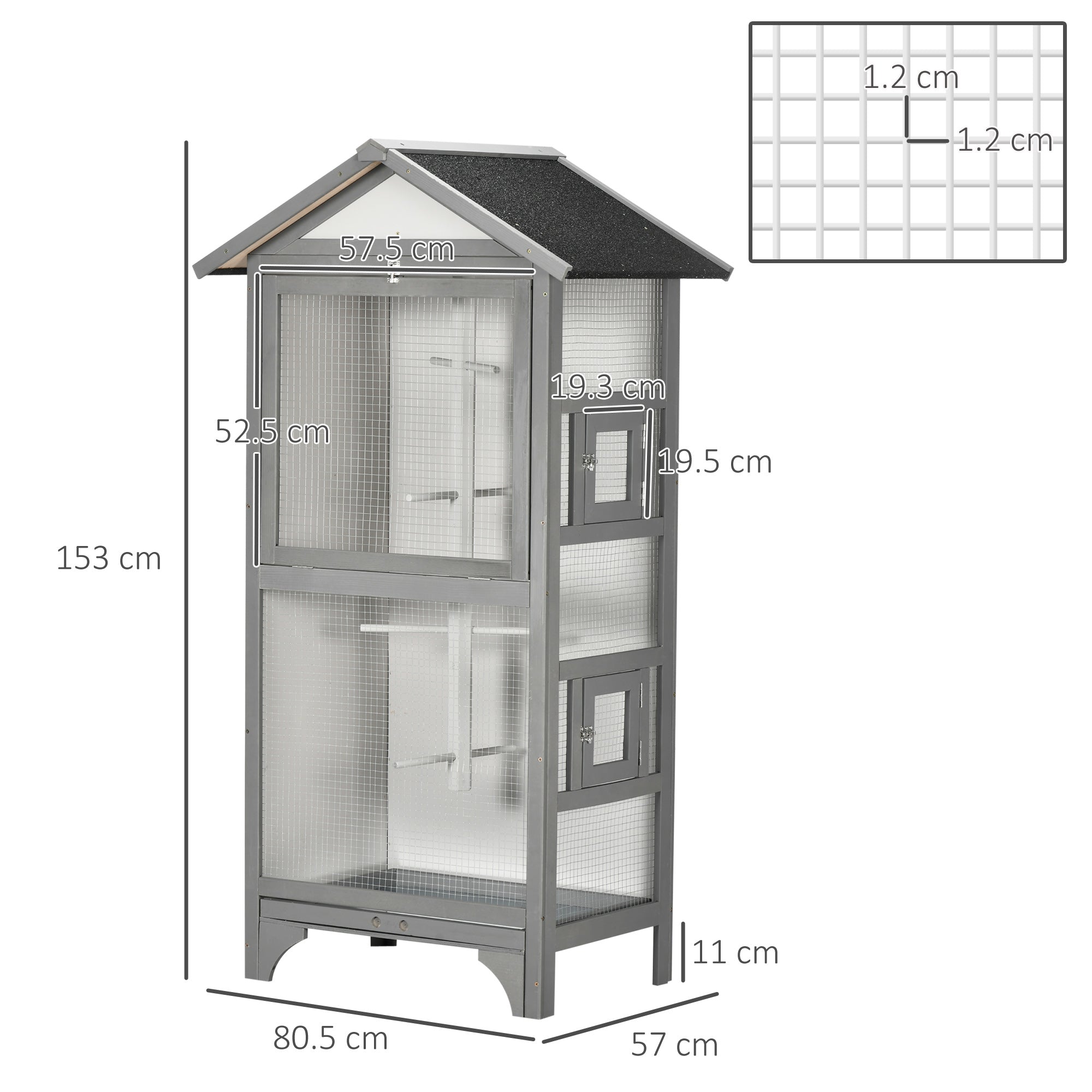 PawHut Wooden Bird Cage Budgie Cage Outdoor for Finch, Canary w/ Slide Tray, Asphalt Roof - Grey