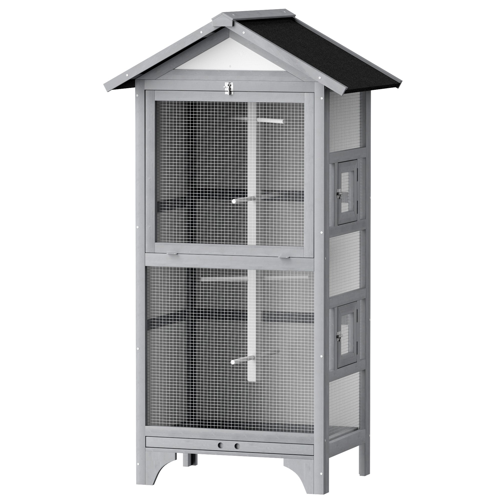 PawHut Wooden Bird Aviary Parrot Cage Pet Furniture Large Outdoor Play House with Removable Bottom Tray, 2 Doors, Asphalt Roof, 4 Perches, Light Grey