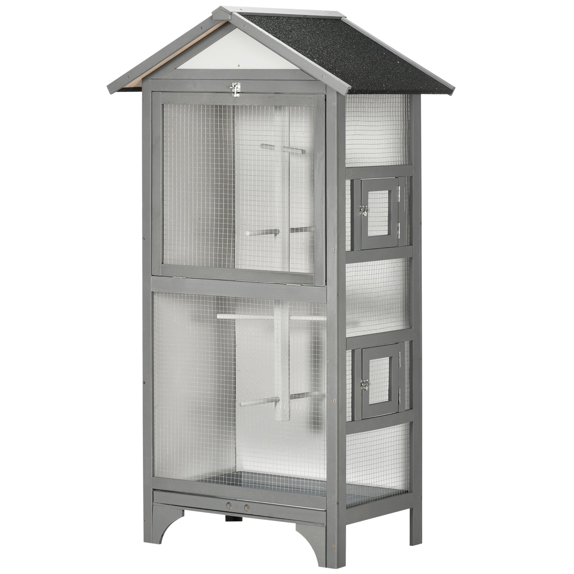 PawHut Wooden Bird Aviary Parrot Cage Pet Furniture Large Outdoor Play House with Removable Bottom Tray, 2 Doors, Asphalt Roof, 4 Perches, Light Grey