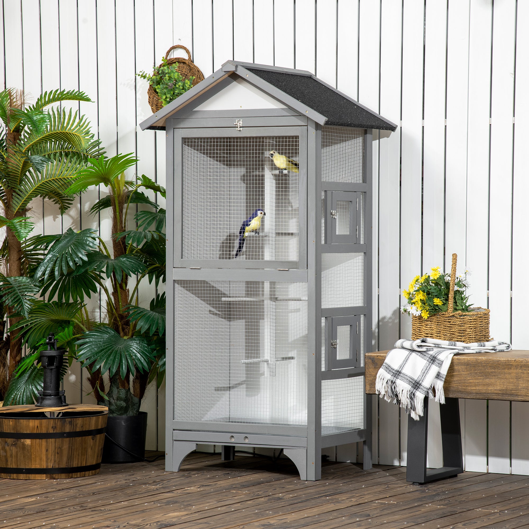 PawHut Wooden Bird Aviary Parrot Cage Pet Furniture Large Outdoor Play House with Removable Bottom Tray, 2 Doors, Asphalt Roof, 4 Perches, Light Grey