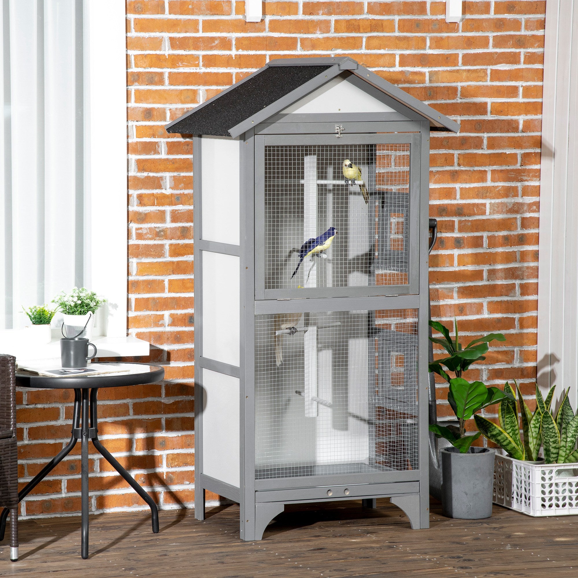 PawHut Wooden Bird Aviary Parrot Cage Pet Furniture Large Outdoor Play House with Removable Bottom Tray, 2 Doors, Asphalt Roof, 4 Perches, Light Grey