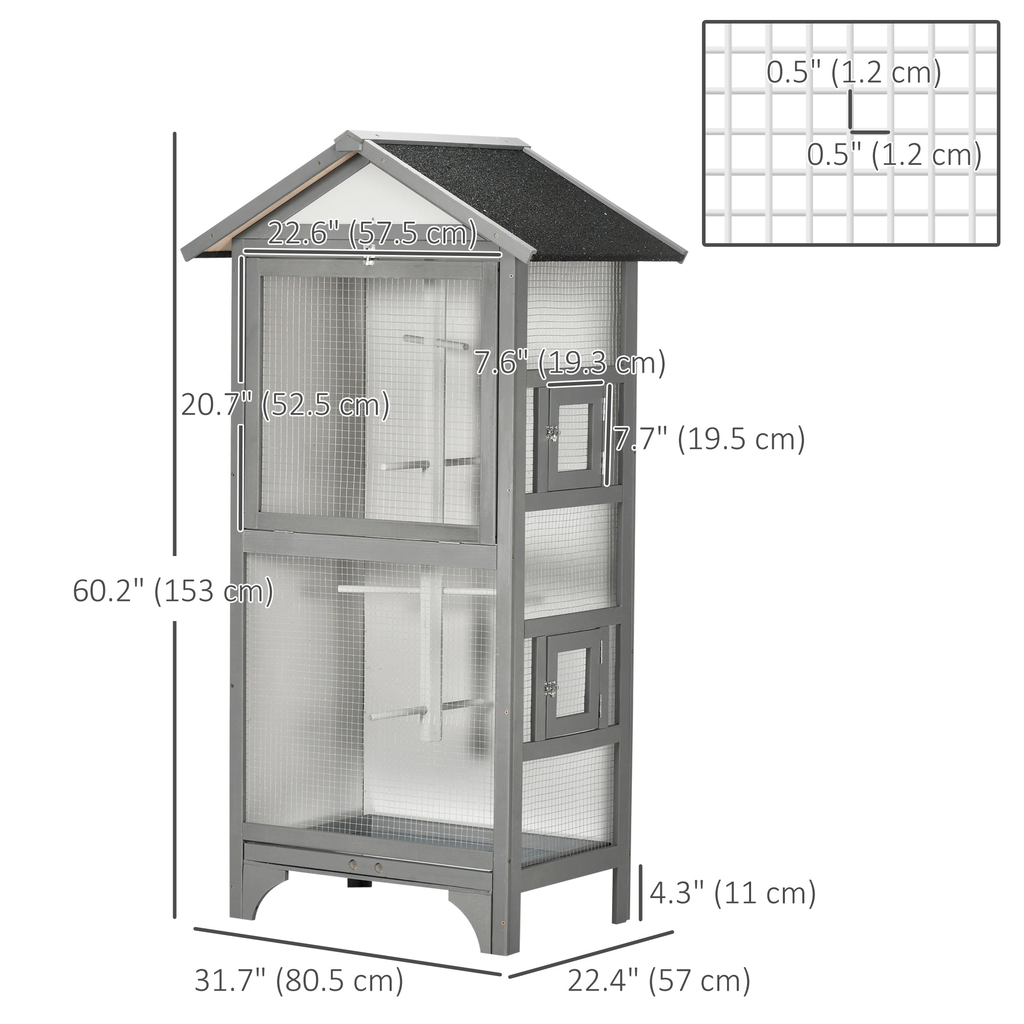 PawHut Wooden Bird Aviary Parrot Cage Pet Furniture Large Outdoor Play House with Removable Bottom Tray, 2 Doors, Asphalt Roof, 4 Perches, Light Grey