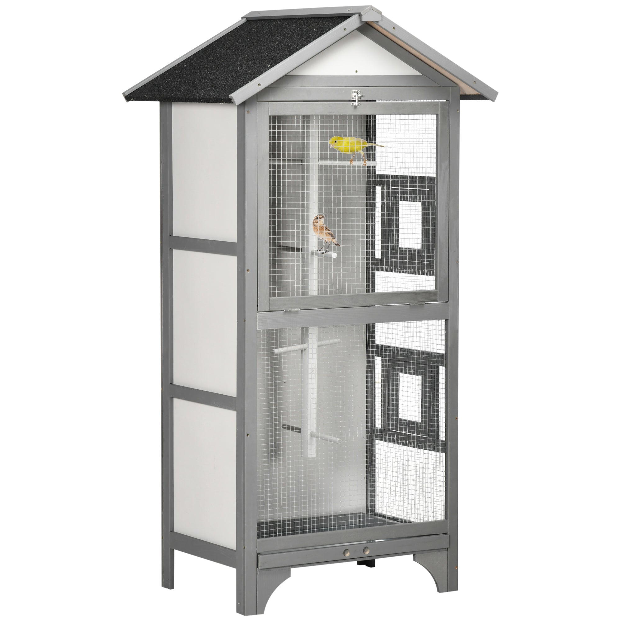 PawHut Wooden Bird Aviary Parrot Cage Pet Furniture Large Outdoor Play House with Removable Bottom Tray, 2 Doors, Asphalt Roof, 4 Perches, Light Grey