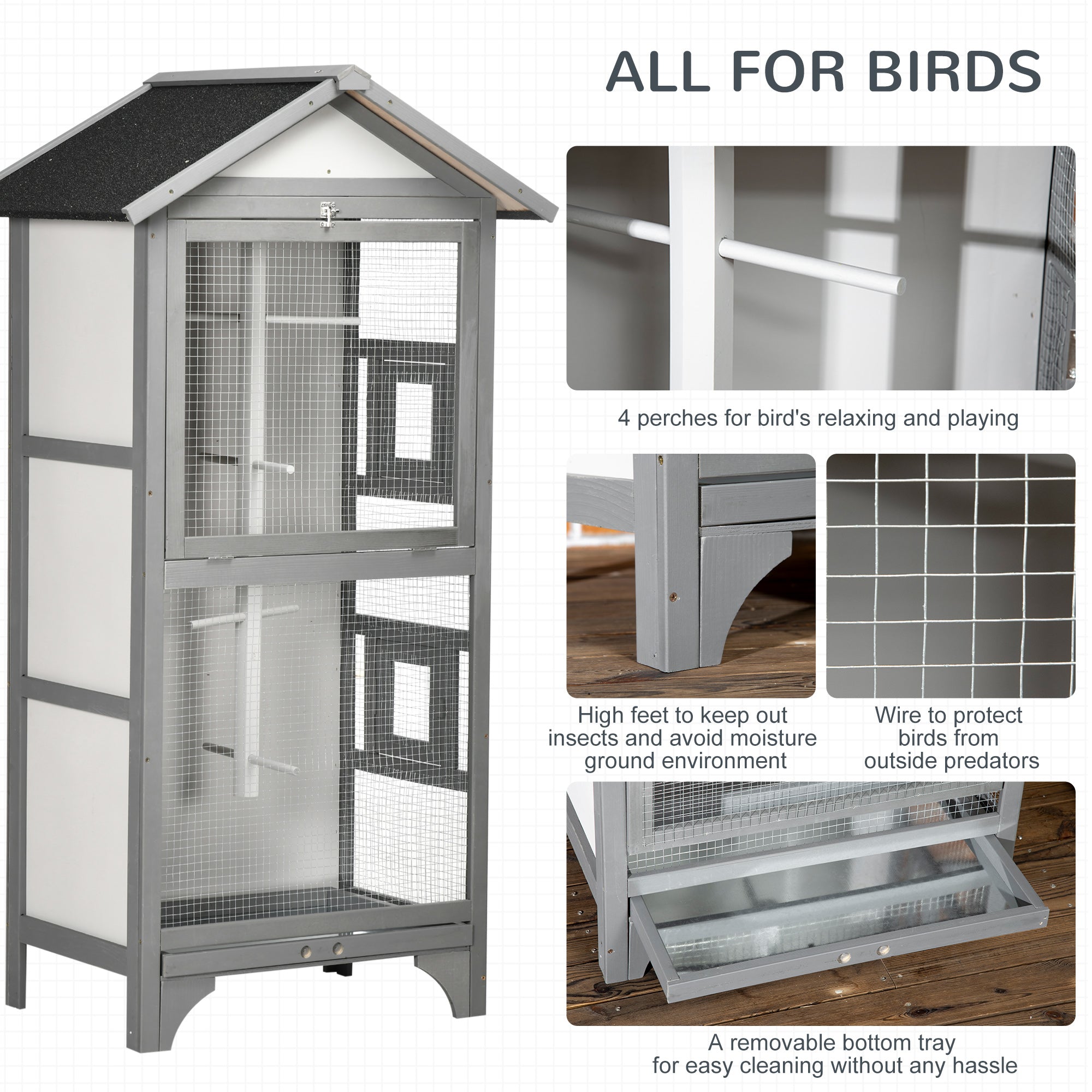 PawHut Wooden Bird Aviary Parrot Cage Pet Furniture Large Outdoor Play House with Removable Bottom Tray, 2 Doors, Asphalt Roof, 4 Perches, Light Grey