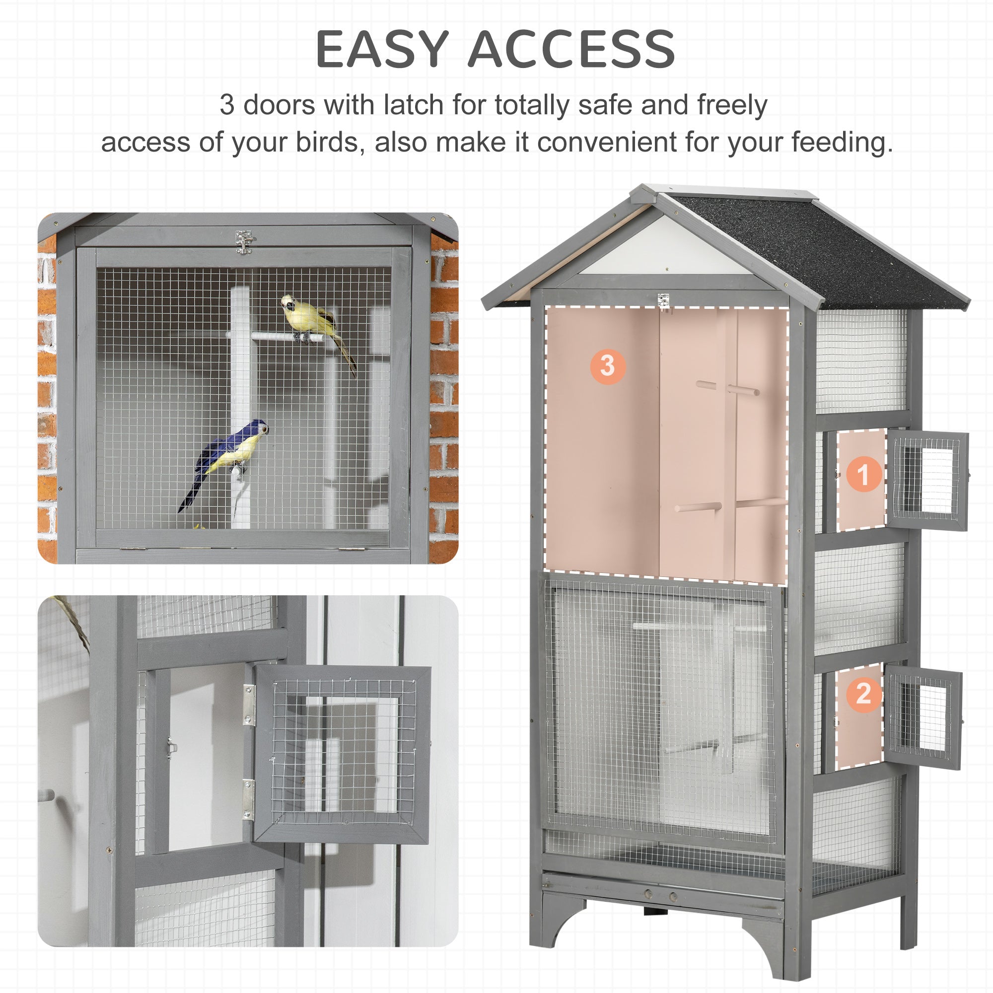 PawHut Wooden Bird Aviary Parrot Cage Pet Furniture Large Outdoor Play House with Removable Bottom Tray, 2 Doors, Asphalt Roof, 4 Perches, Light Grey