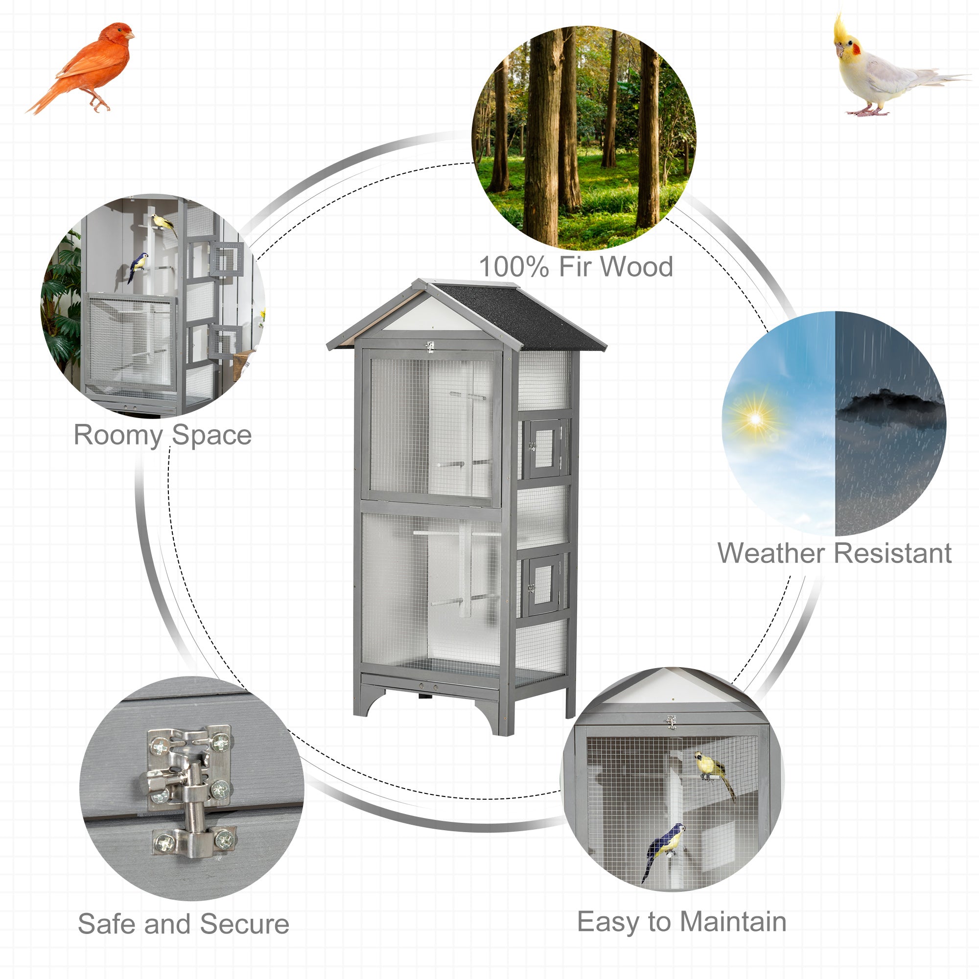PawHut Wooden Bird Aviary Parrot Cage Pet Furniture Large Outdoor Play House with Removable Bottom Tray, 2 Doors, Asphalt Roof, 4 Perches, Light Grey