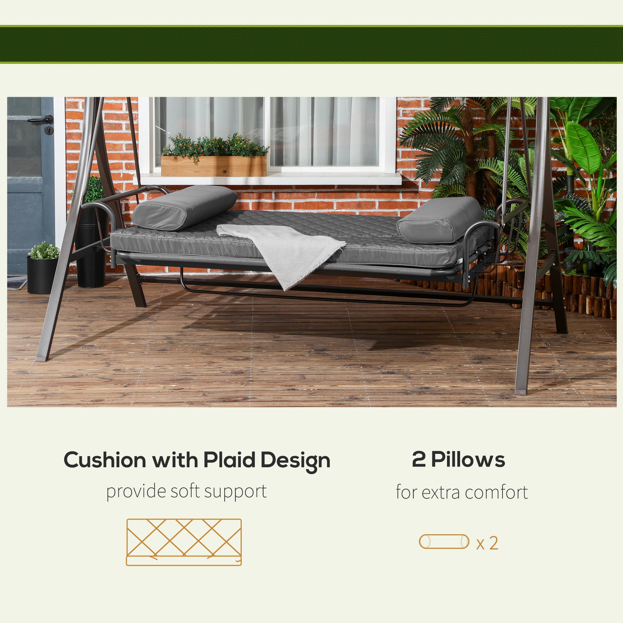 Outsunny 3 Person Porch Swing Bed, Outdoor Patio Swing Chair Bench Hammock with Adjustable Canopy, Cushions, Pillows for Porch and Backyard, Dark Grey