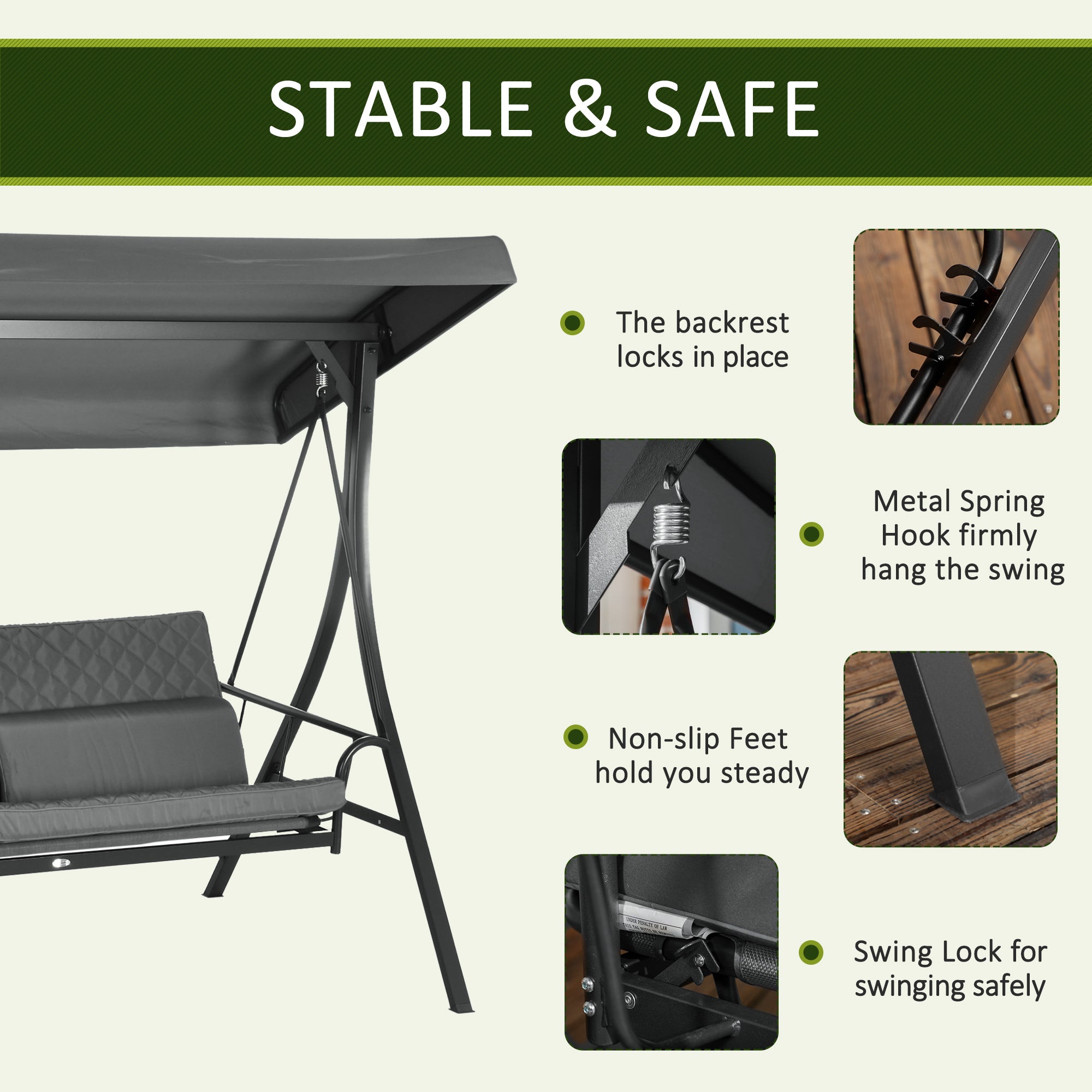 Outsunny 3 Person Porch Swing Bed, Outdoor Patio Swing Chair Bench Hammock with Adjustable Canopy, Cushions, Pillows for Porch and Backyard, Dark Grey