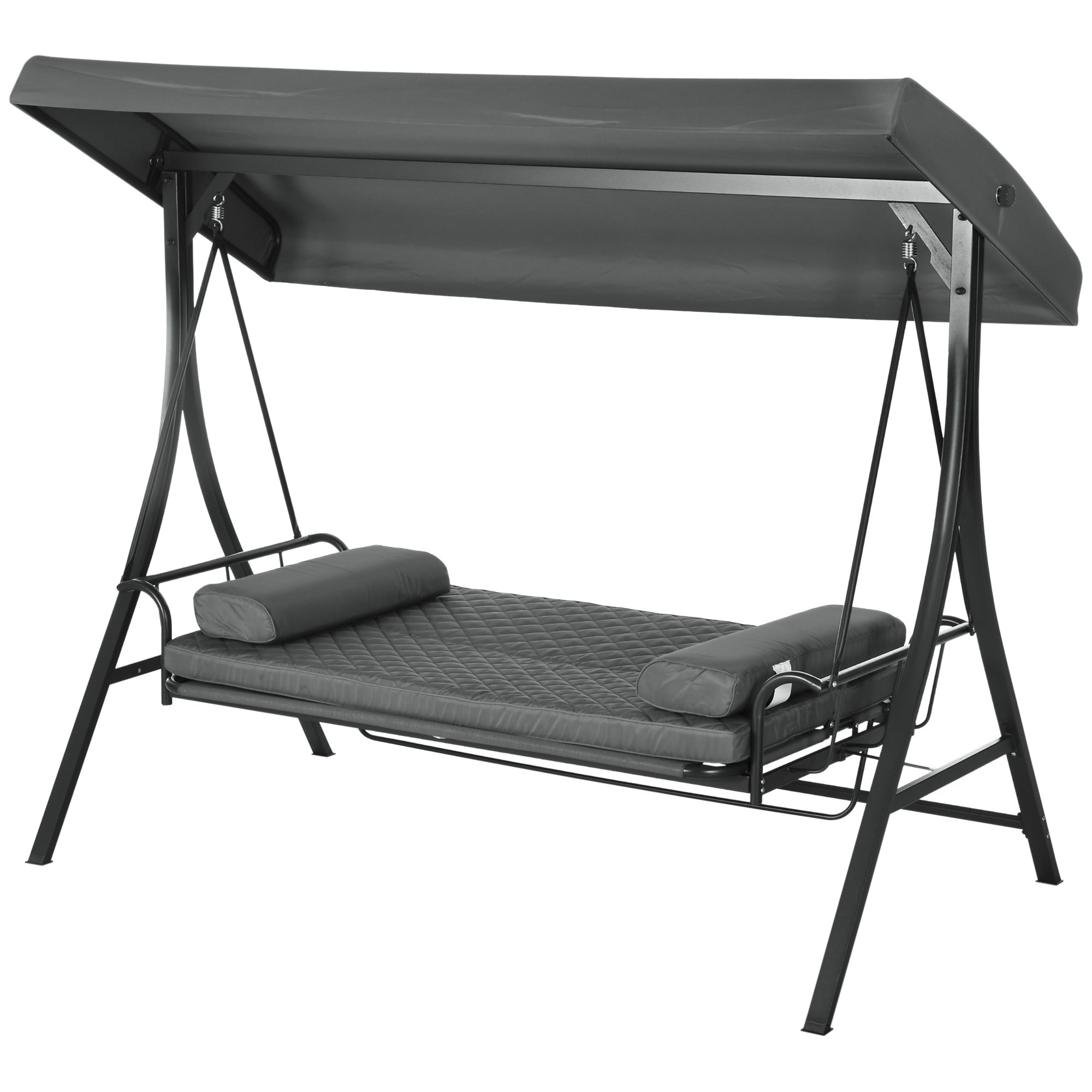 Outsunny 3 Person Porch Swing Bed, Outdoor Patio Swing Chair Bench Hammock with Adjustable Canopy, Cushions, Pillows for Porch and Backyard, Dark Grey