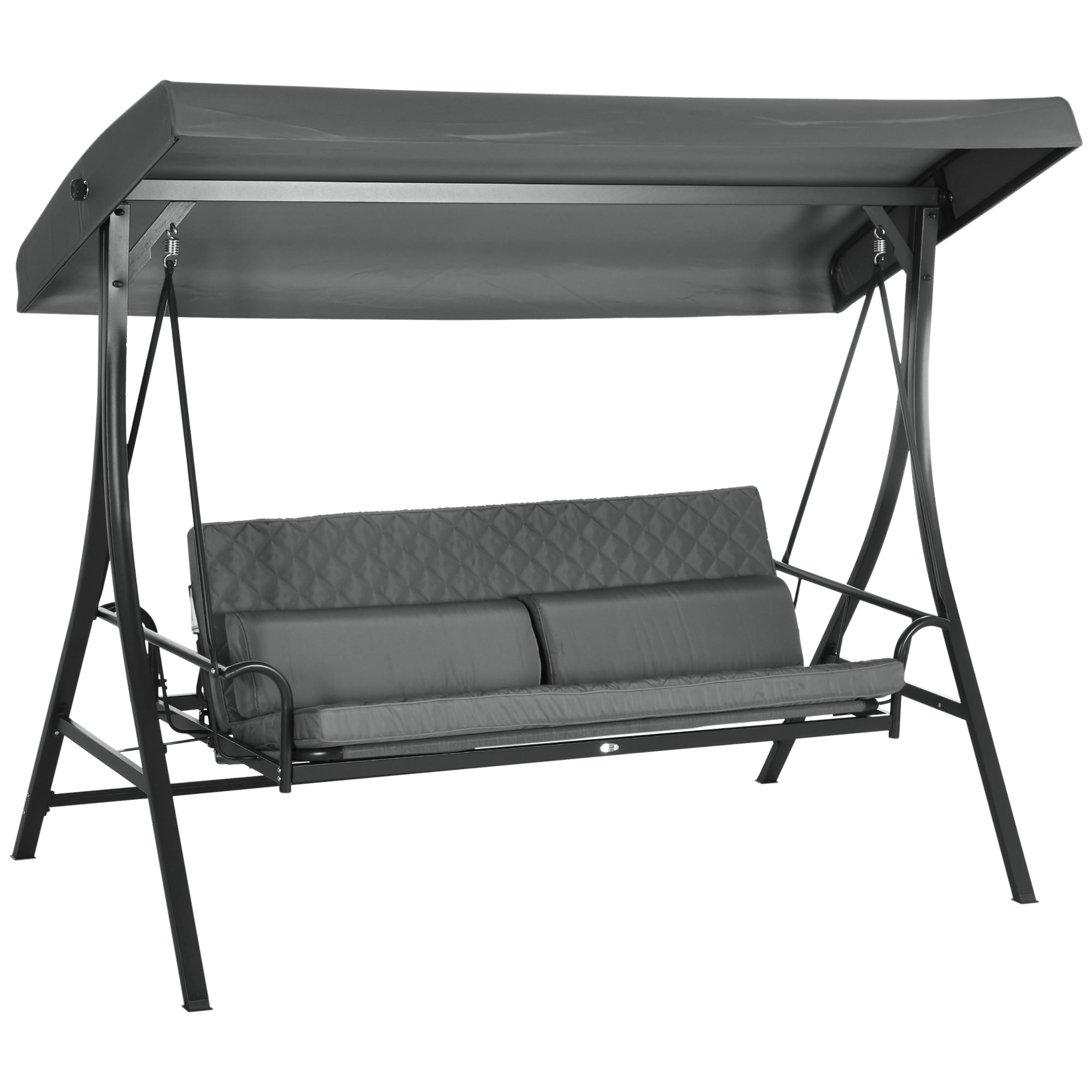 Outsunny 3 Person Porch Swing Bed, Outdoor Patio Swing Chair Bench Hammock with Adjustable Canopy, Cushions, Pillows for Porch and Backyard, Dark Grey