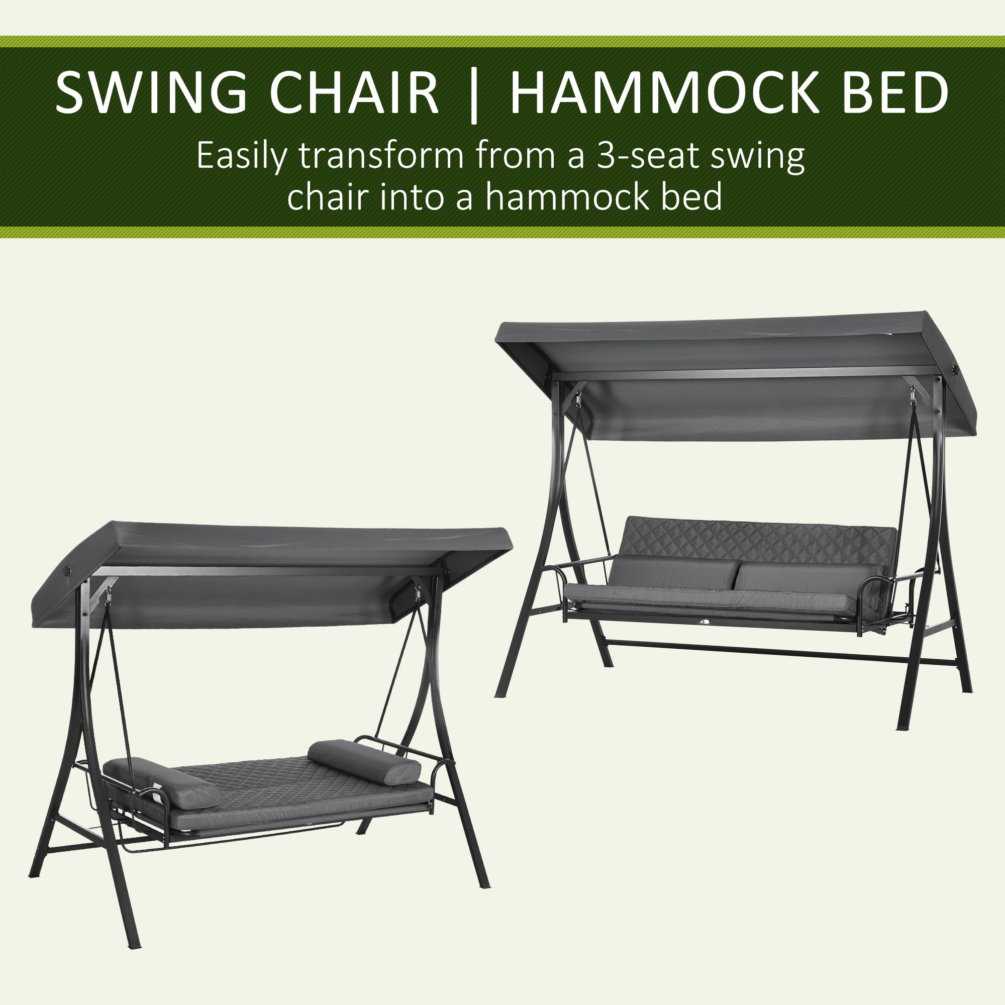 Outsunny 3 Person Porch Swing Bed, Outdoor Patio Swing Chair Bench Hammock with Adjustable Canopy, Cushions, Pillows for Porch and Backyard, Dark Grey