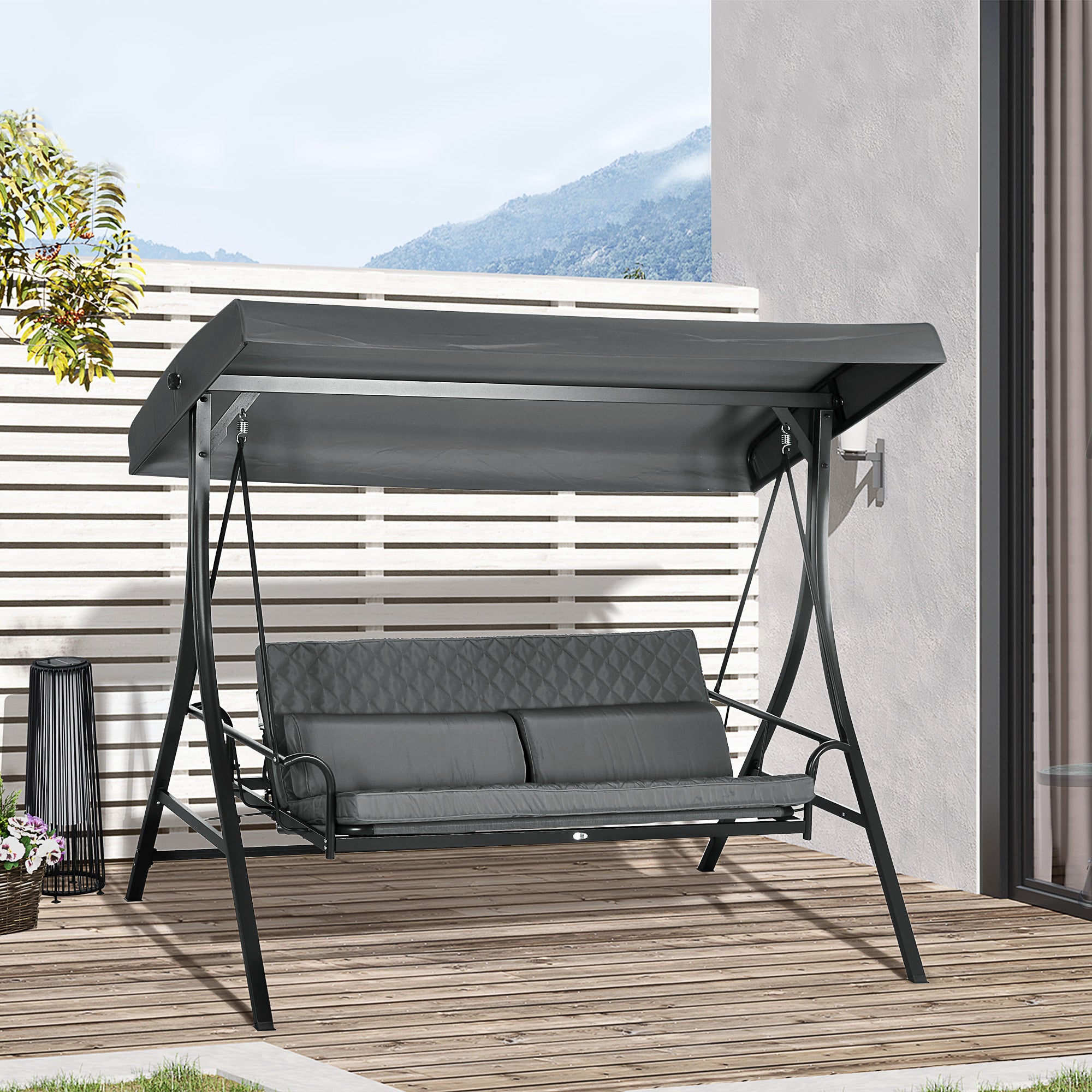 Outsunny 3 Person Porch Swing Bed, Outdoor Patio Swing Chair Bench Hammock with Adjustable Canopy, Cushions, Pillows for Porch and Backyard, Dark Grey