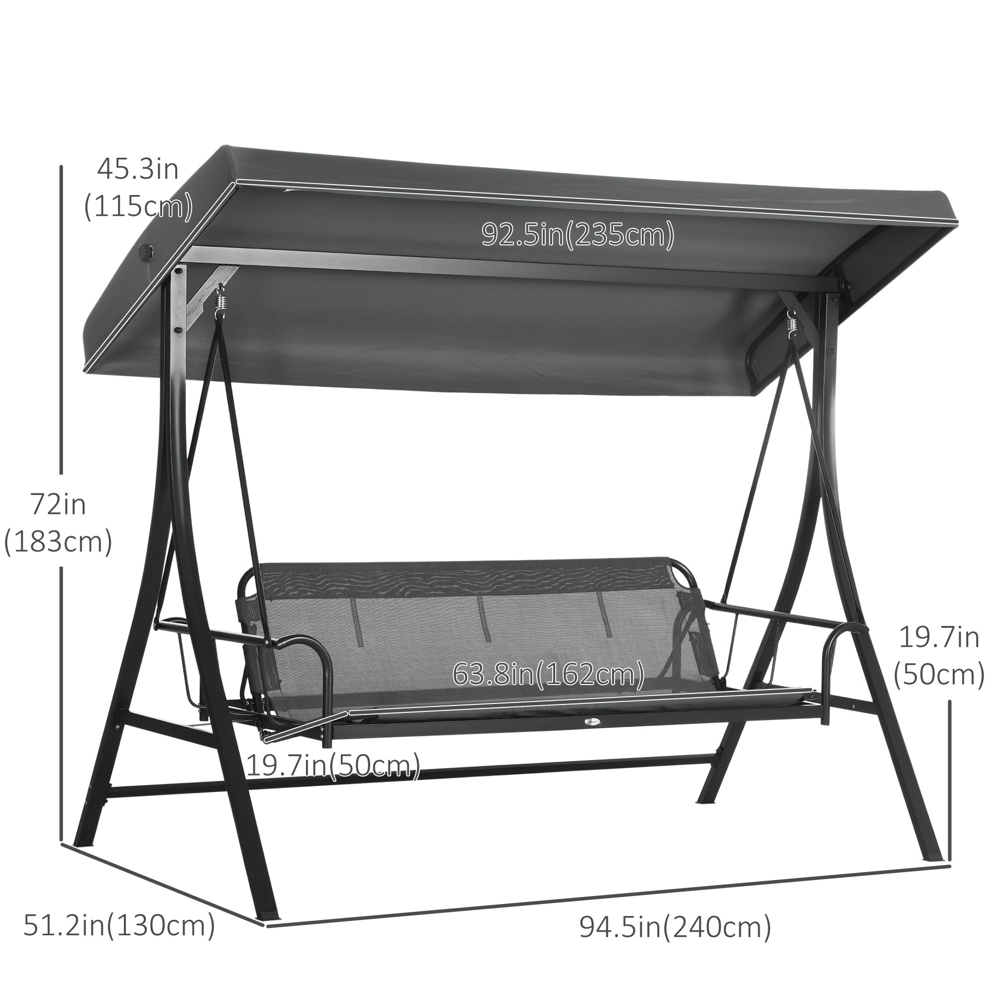 Outsunny 3 Person Porch Swing Bed, Outdoor Patio Swing Chair Bench Hammock with Adjustable Canopy, Cushions, Pillows for Porch and Backyard, Dark Grey