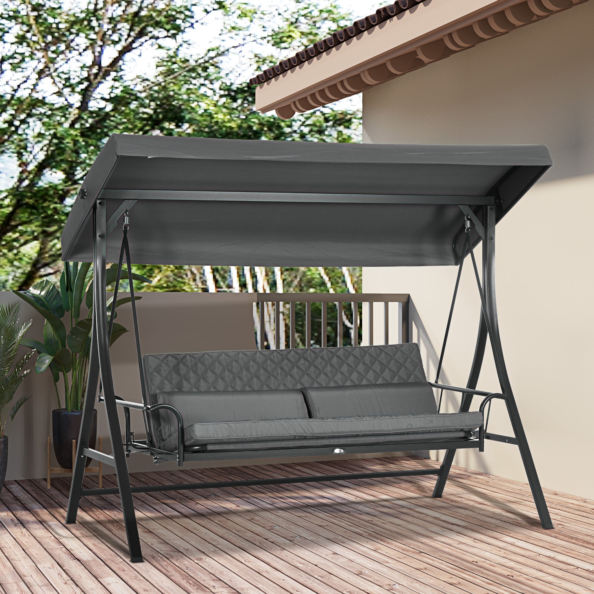 Outsunny 3 Person Porch Swing Bed, Outdoor Patio Swing Chair Bench Hammock with Adjustable Canopy, Cushions, Pillows for Porch and Backyard, Dark Grey