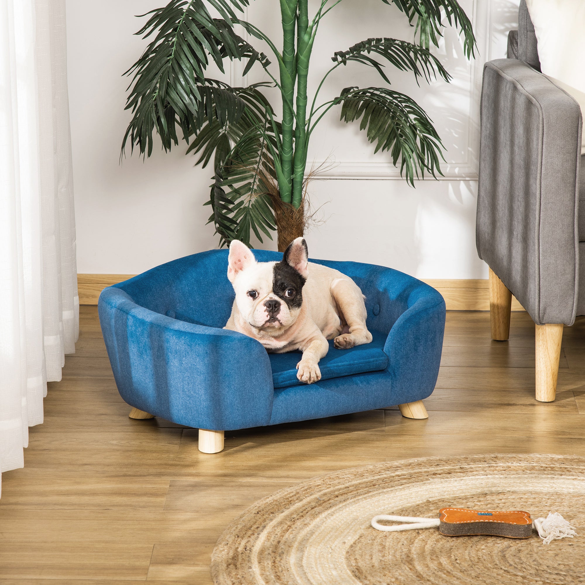 PawHut Dog Sofa Bed Pet Chair Couch with Water Resistant Fabric, Kitten Lounge with Soft Cushion Washable Cover, Wooden Frame for Mini Size Dogs - Blue