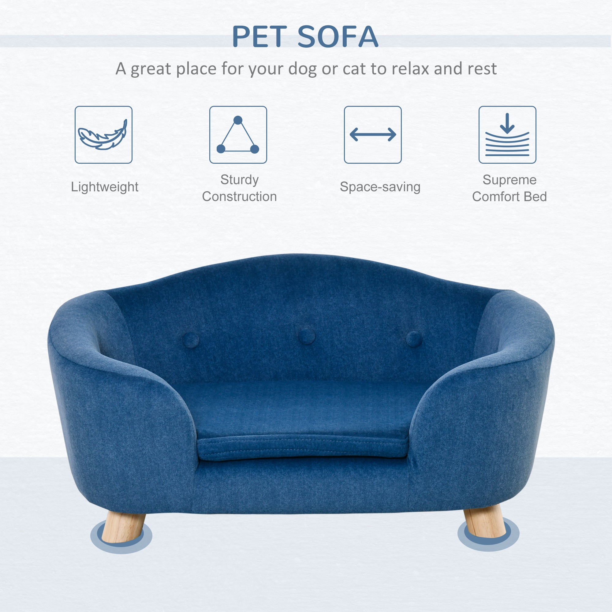 PawHut Dog Sofa Bed Pet Chair Couch with Water Resistant Fabric, Kitten Lounge with Soft Cushion Washable Cover, Wooden Frame for Mini Size Dogs - Blue
