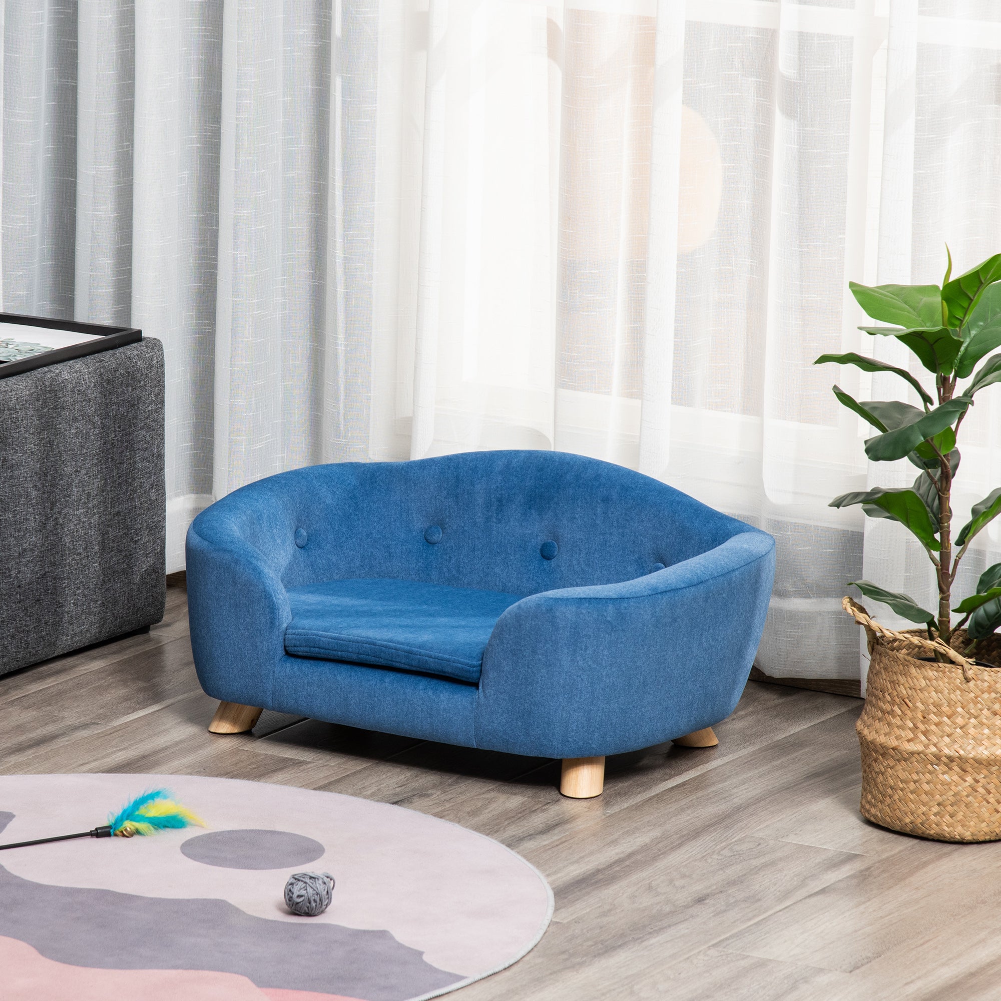 PawHut Dog Sofa Bed Pet Chair Couch with Water Resistant Fabric, Kitten Lounge with Soft Cushion Washable Cover, Wooden Frame for Mini Size Dogs - Blue