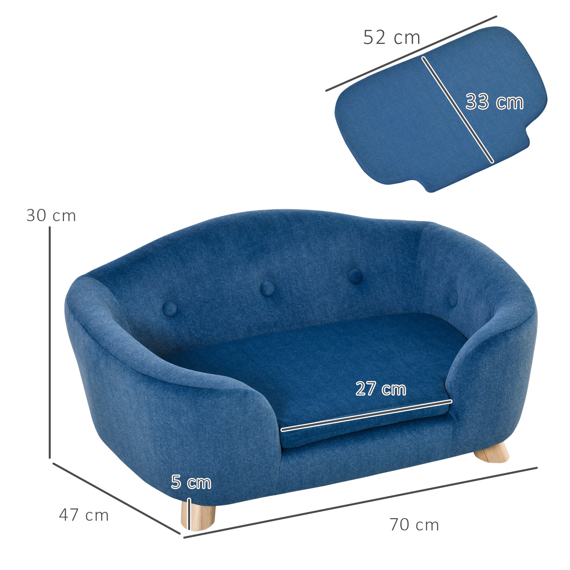 PawHut Dog Sofa Bed Pet Chair Couch with Water Resistant Fabric, Kitten Lounge with Soft Cushion Washable Cover, Wooden Frame for Mini Size Dogs - Blue