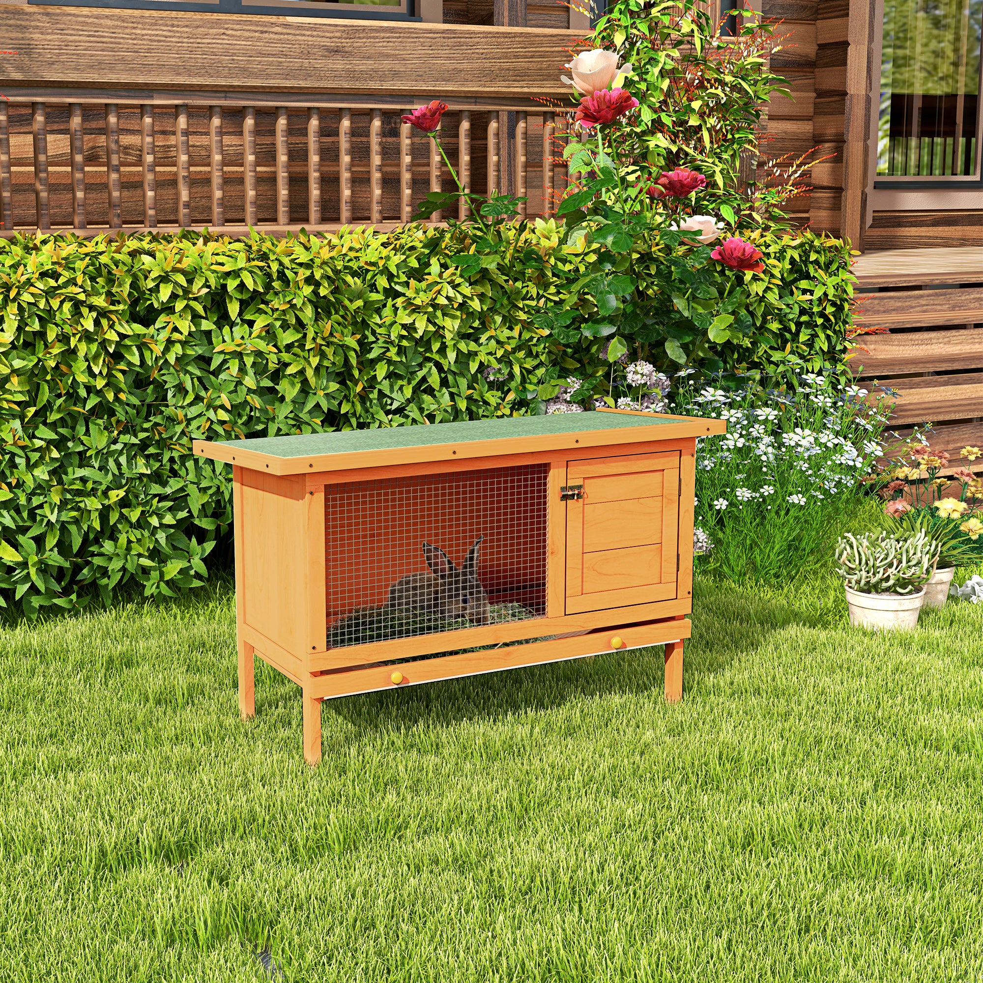 PawHut Rabbit Hutch Outdoor Guinea Pig Hutch Bunny Cage Shelter Outdoor, 90 x 45 x 65cm