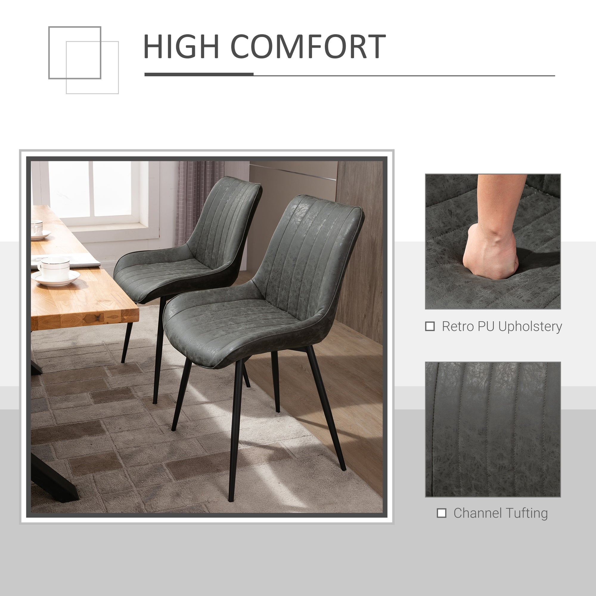 HOMCOM Dining Chairs Set of 2, PU Upholstered Kitchen Chairs with Metal Legs for Dining Room, Living Room, Bedroom, Grey