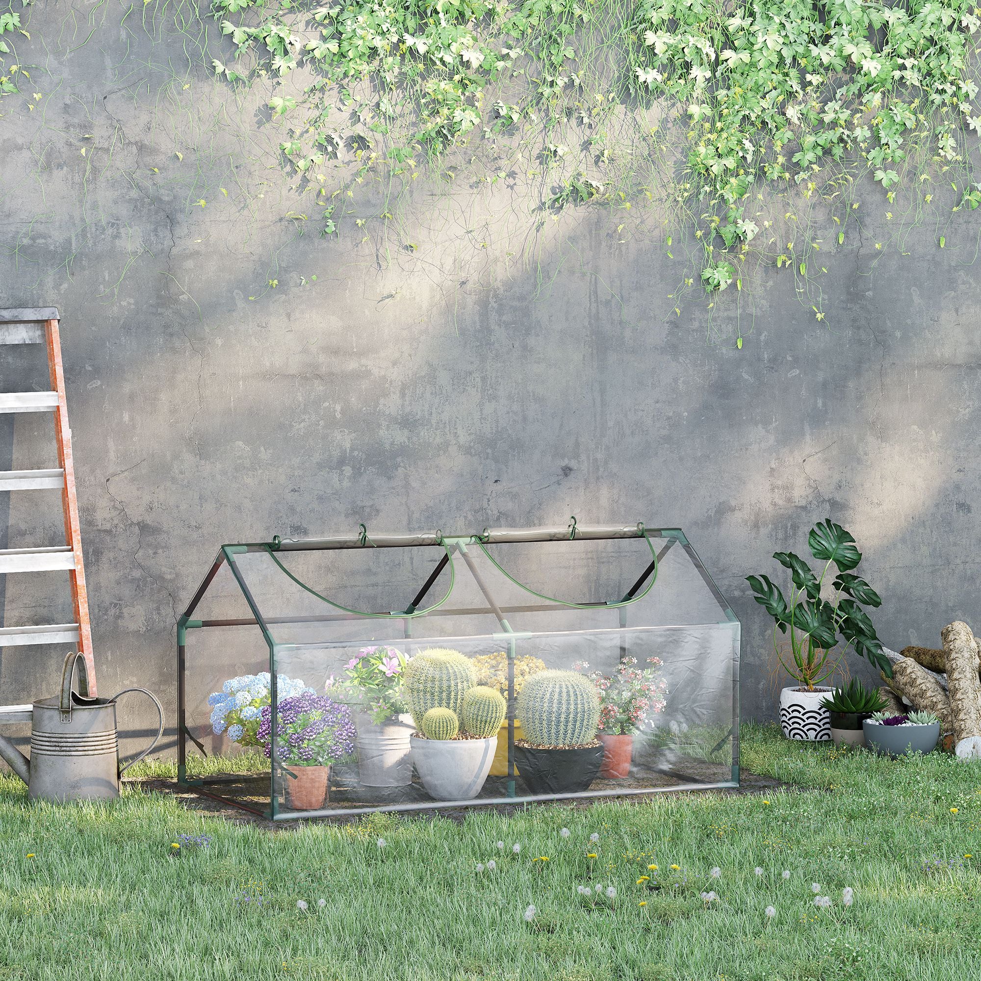 Outsunny 47" x 24" x 24" Portable Mini Tunnel Greenhouse Garden Planting Outdoor Flower Warm House Box with 2 Windows Steel Frame Weatherized Cover, Clear
