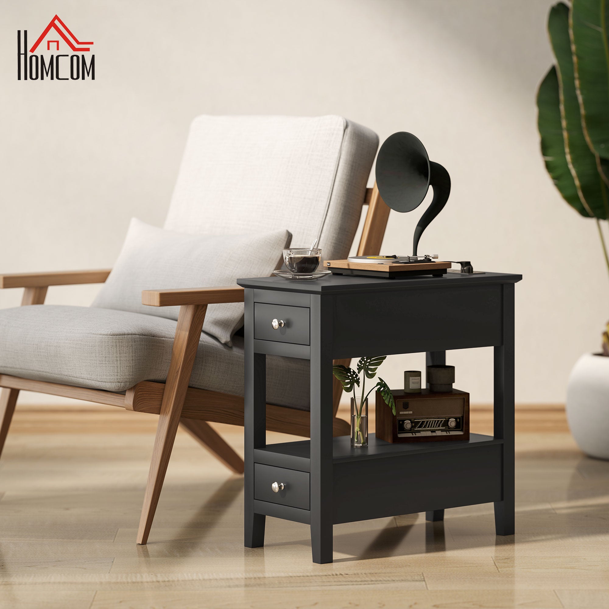 HOMCOM End Table with Charging Station and USB Ports, Modern Narrow Side Table with Storage Shelf, 2 Drawers for Living Room, Black