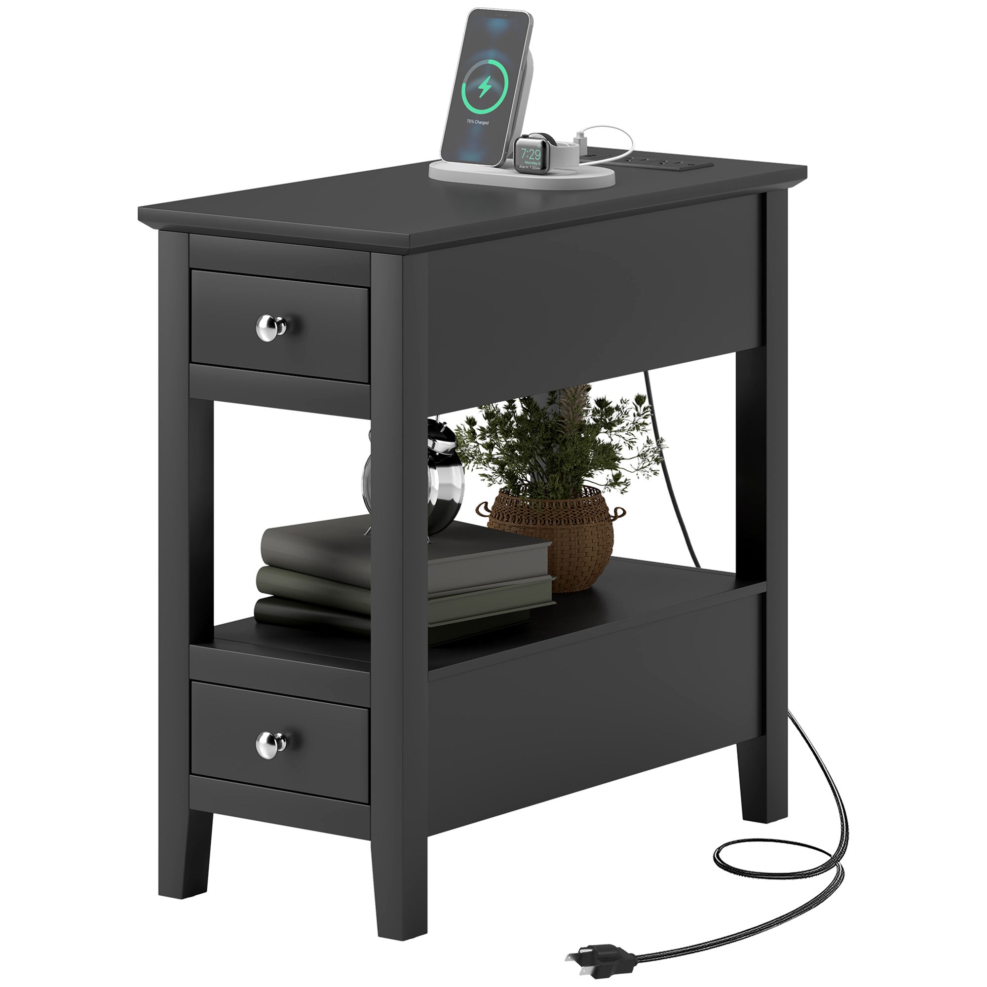 HOMCOM End Table with Charging Station and USB Ports, Modern Narrow Side Table with Storage Shelf, 2 Drawers for Living Room, Black