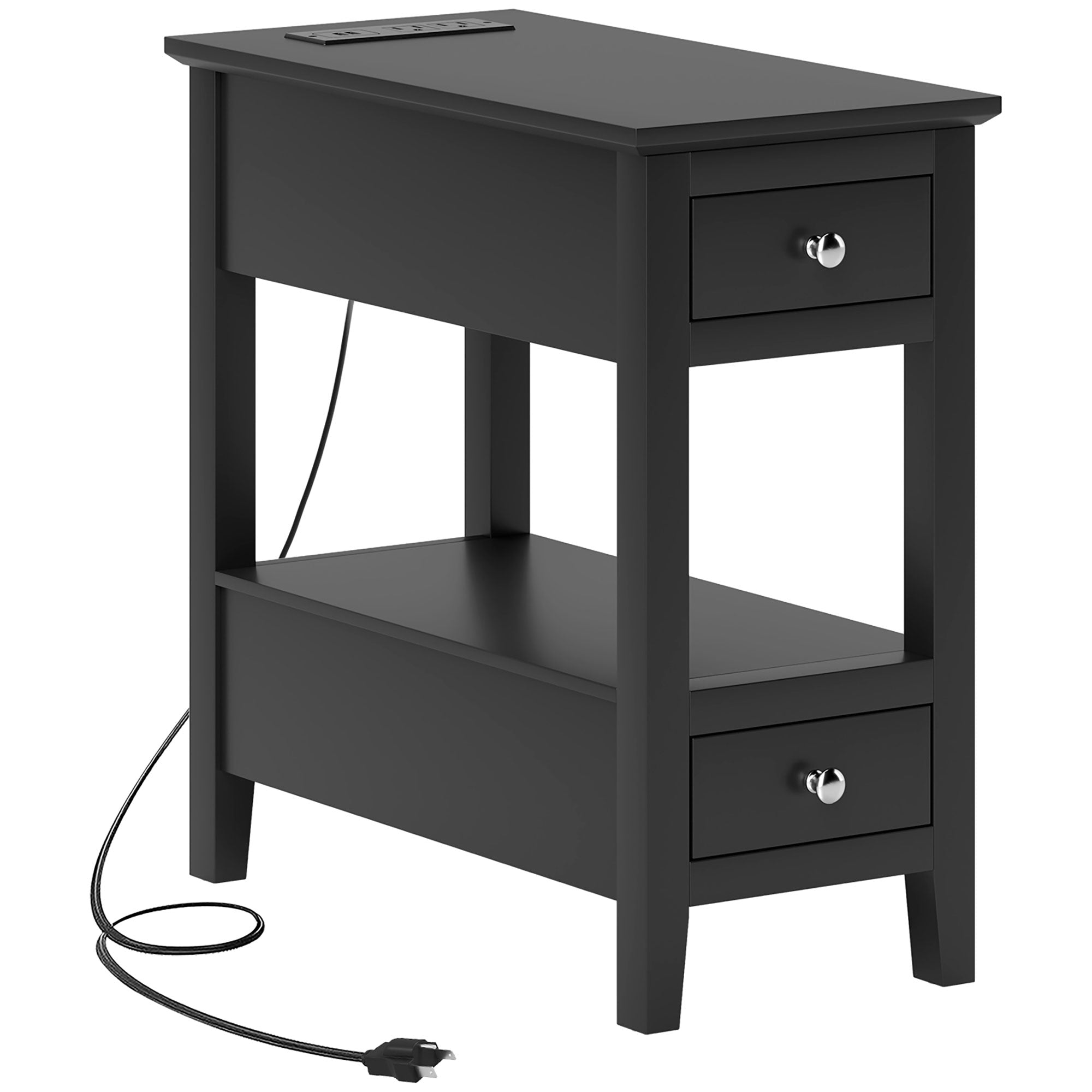 HOMCOM End Table with Charging Station and USB Ports, Modern Narrow Side Table with Storage Shelf, 2 Drawers for Living Room, Black