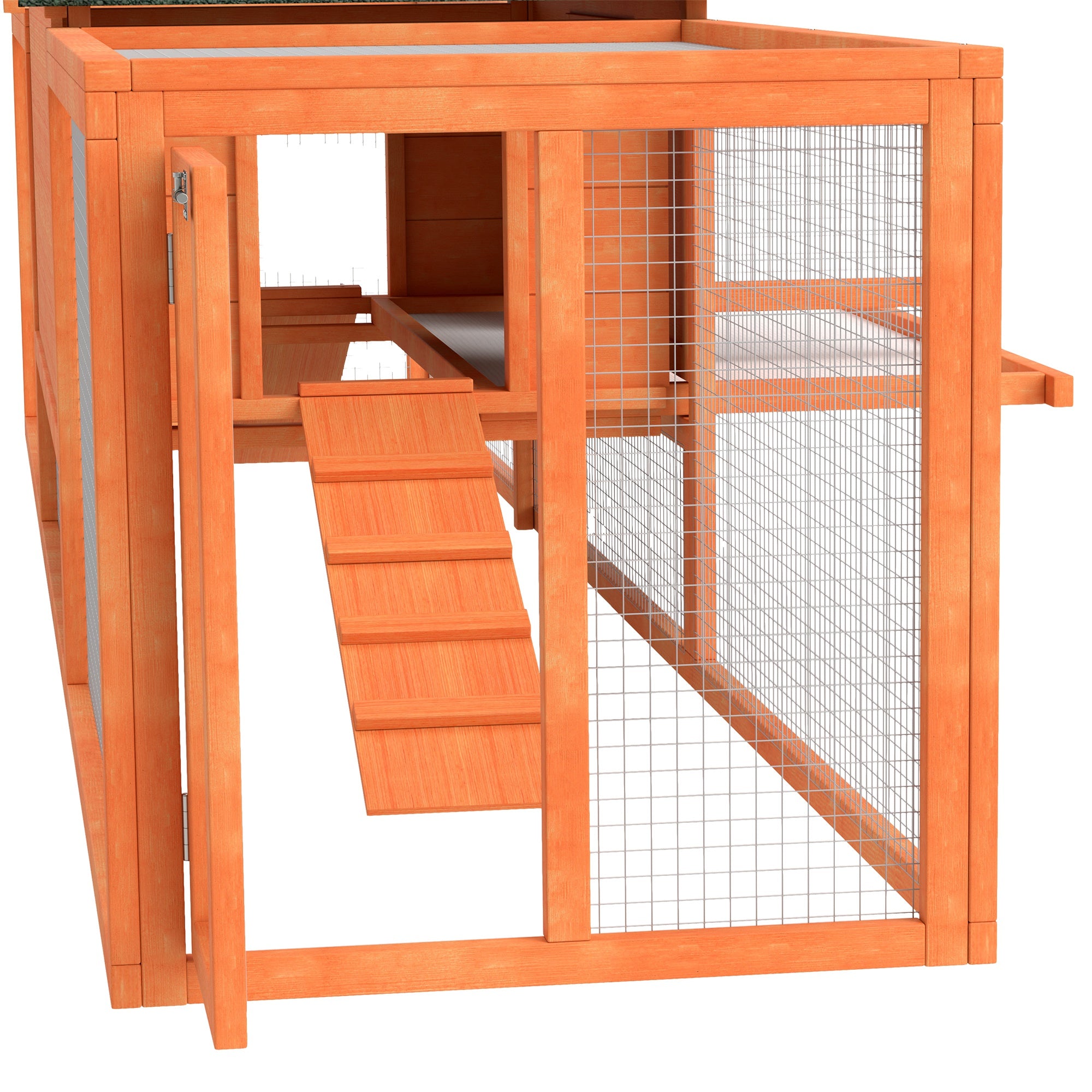 PawHut Rabbit Hutch Run, Guinea Pig Hutch Wooden Bunny House with Tray, Ramps, Asphalt Roof, for Garden, Yard, 309 x 70 x 87cm, Orange