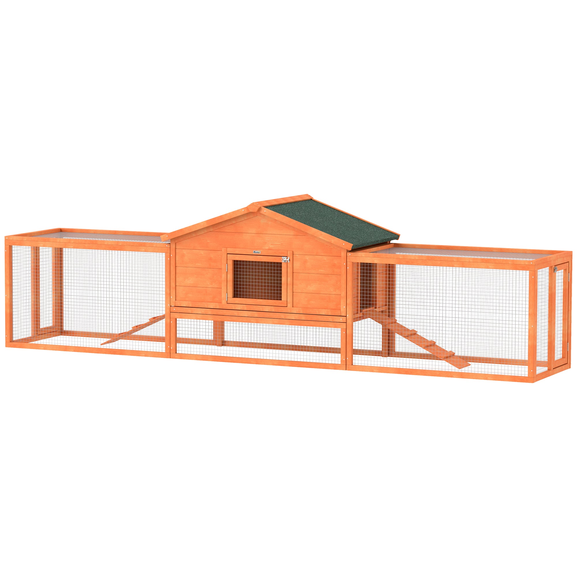 PawHut Rabbit Hutch Run, Guinea Pig Hutch Wooden Bunny House with Tray, Ramps, Asphalt Roof, for Garden, Yard, 309 x 70 x 87cm, Orange